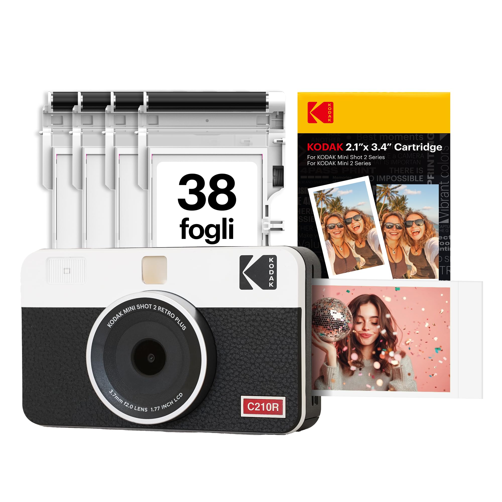KODAK Mini Shot 2 Retro 4PASS 2-in-1 Fotocamera istantanea e stampante fotografica (5,3 x 8,6 cm) + 8 Fogli inclusi + confezione da 30 fogli, Bianco
