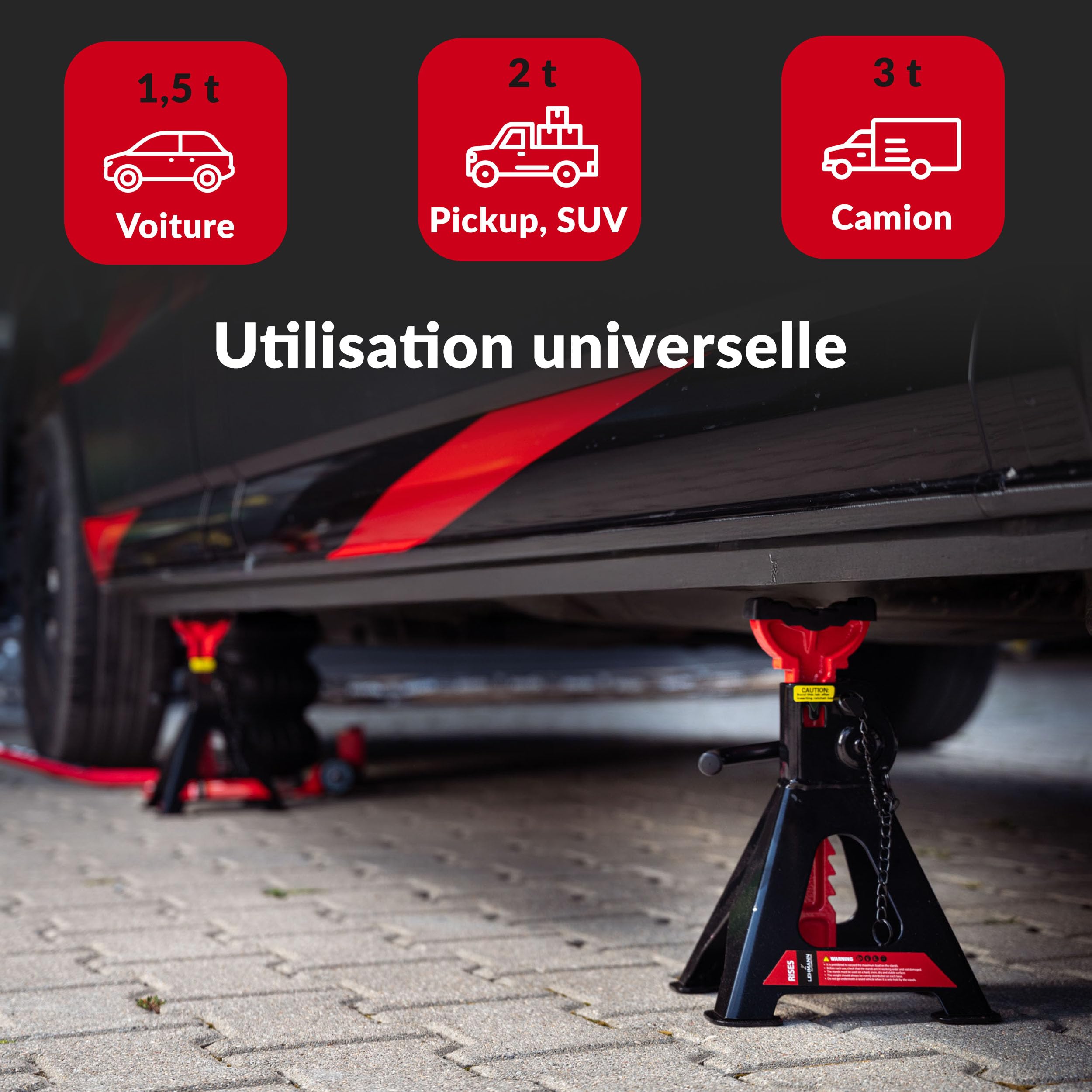 Lehmann 2 x Chandelles Voiture 3T - Hauteur Réglable de 300 à 430 mm - avec Patin en Caoutchouc - Double Système de Sécurité - pour Voitures, SUV et Camionnettes jusqu'à 3000 kg - Stables