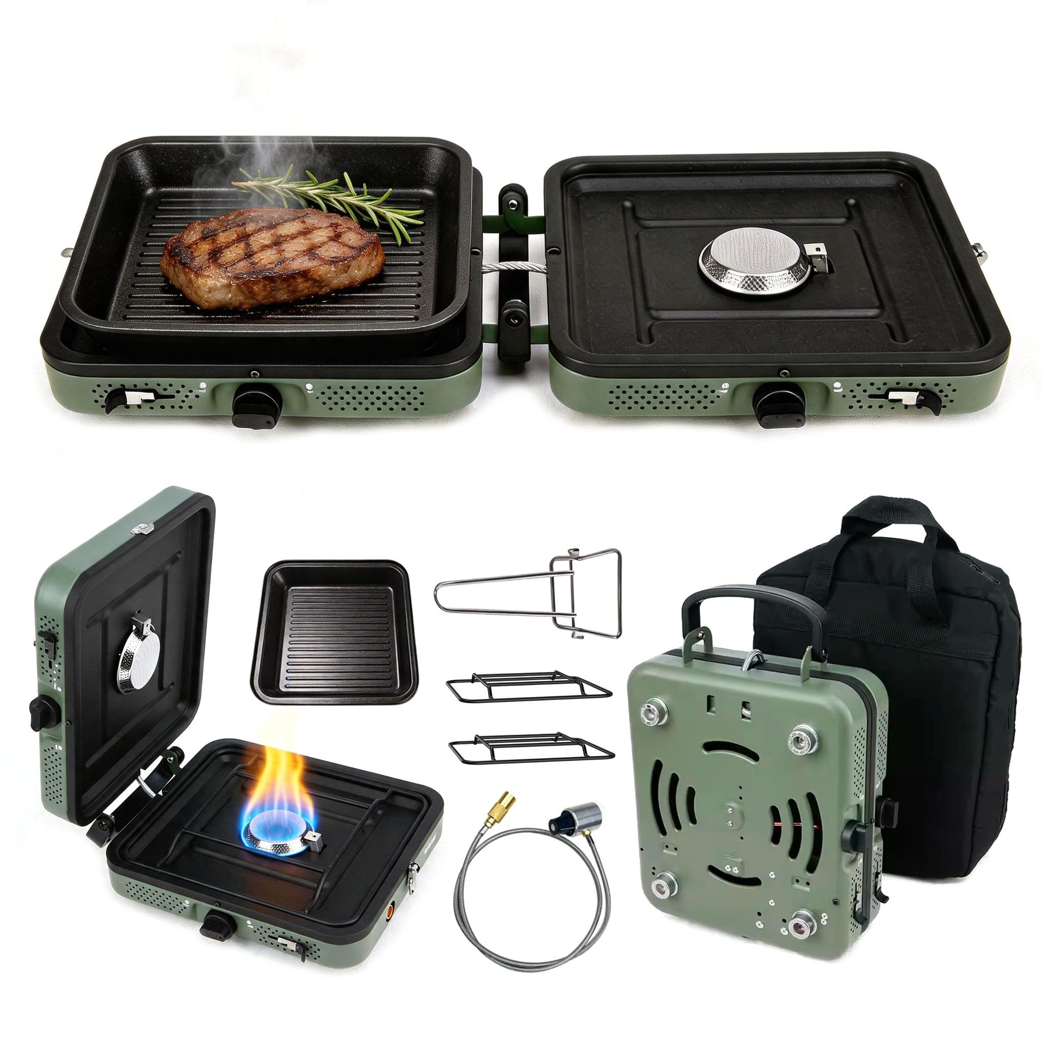 Fornello Campeggio, Fornello A Gas Campeggio 2 In 1 A 2 Fuochi 4400W Portatile Pieghevole Bruciatore Regolabile Con Piastra Grill E Maniglia Tubo Borsa Per Trasporto (Senza Serbatoio)
