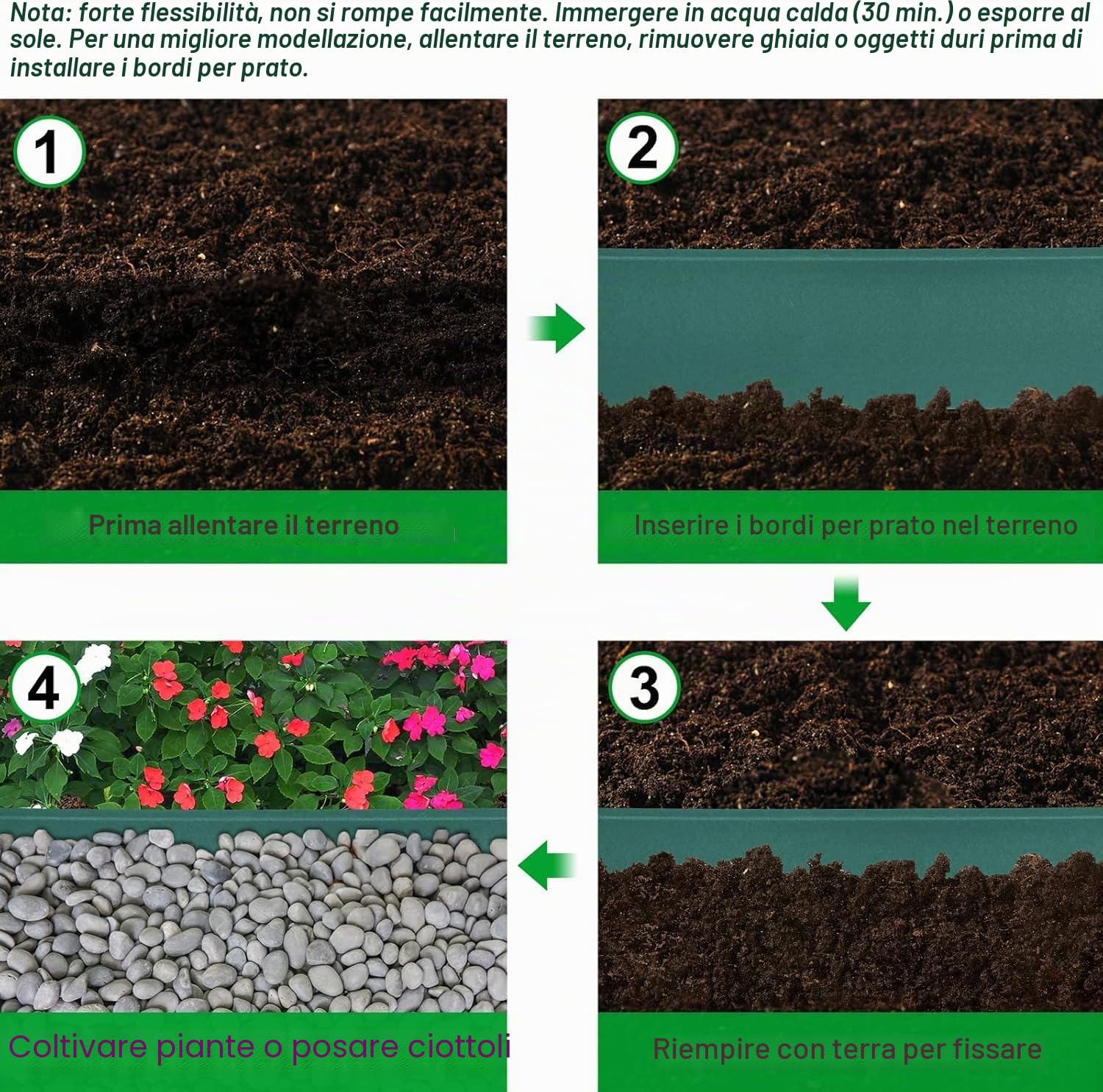 ACXIN Bordo per prato in plastica antracite, 10 m, rotolo di bordi per aiuole per viali, limiti, vialetti di ghiaia, bordatura per aiuole in 100% plastica PP (120 x 2 mm, verde)