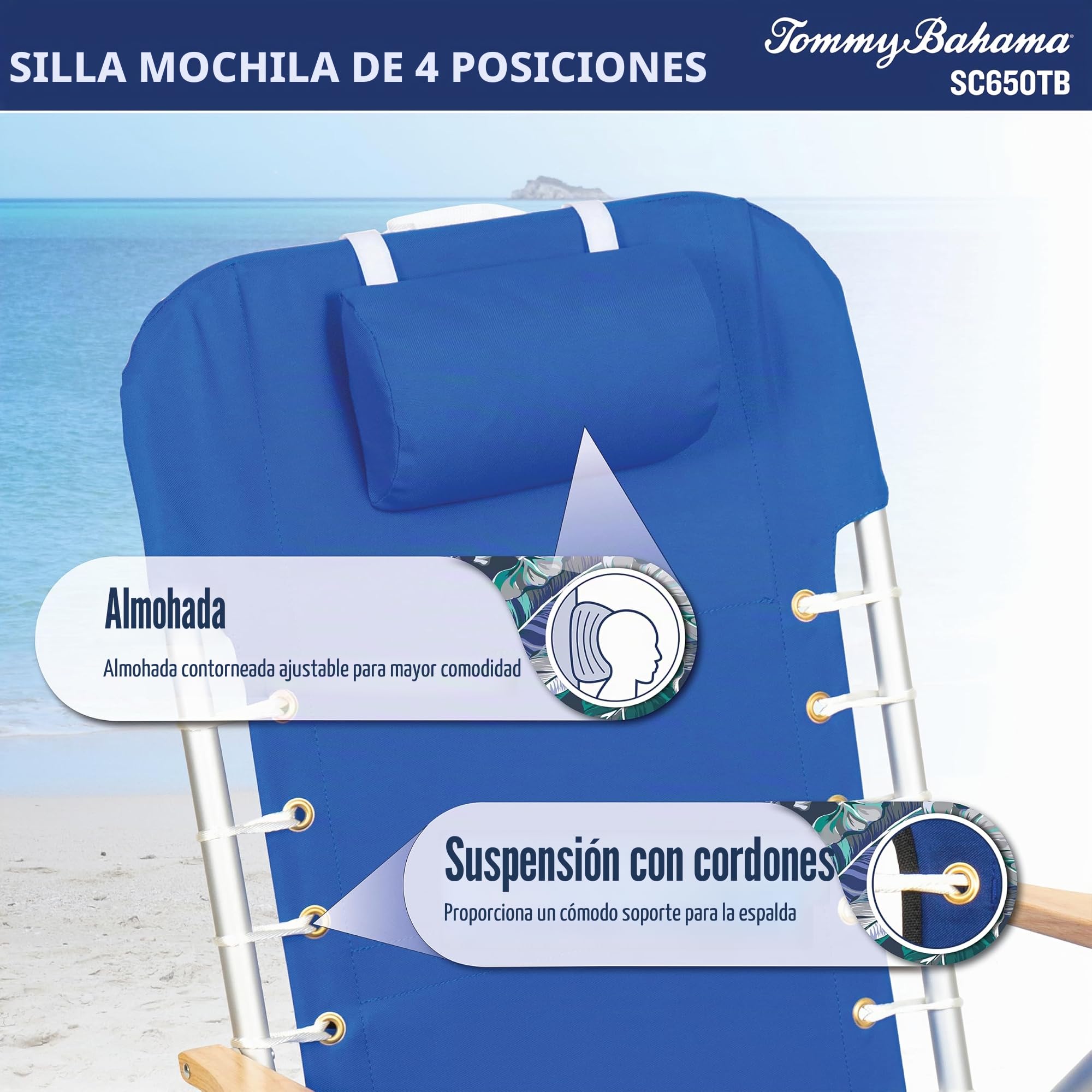 Tommy Bahama Hi-Boy - Silla de Playa Plegable con Cordones y suspensión de 4 Posiciones, de poliéster