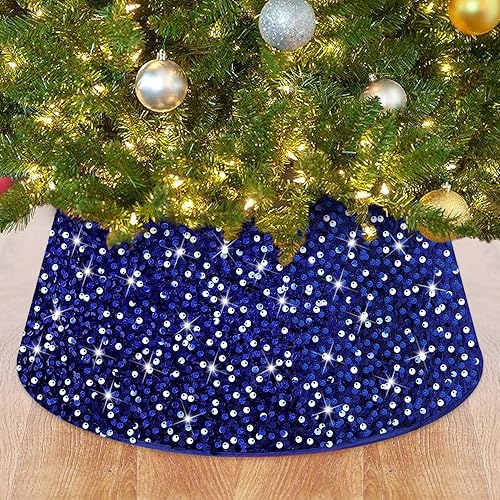 ROMANKAS Collares de árbol de Navidad, falda de árbol de Navidad con purpurina azul real de 23.6 pulgadas, anillo redondo de terciopelo para árbol