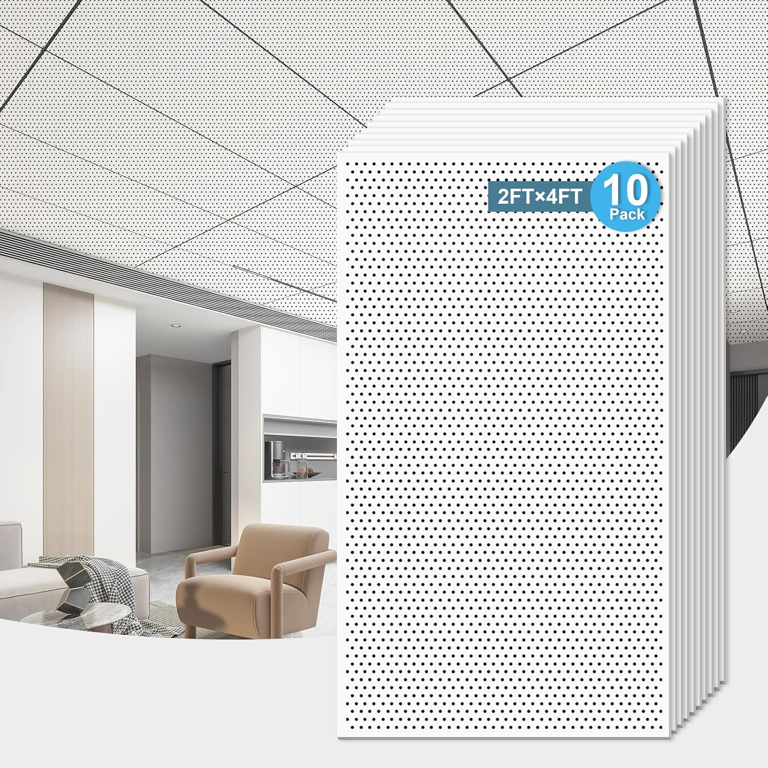 Art3d Acoustic Drop Ceiling Tiles 24x48 10-Pack, Soundproof Panels 2x4ft for Wall Coverings, White 24*48 10pcs White - acoustic 2