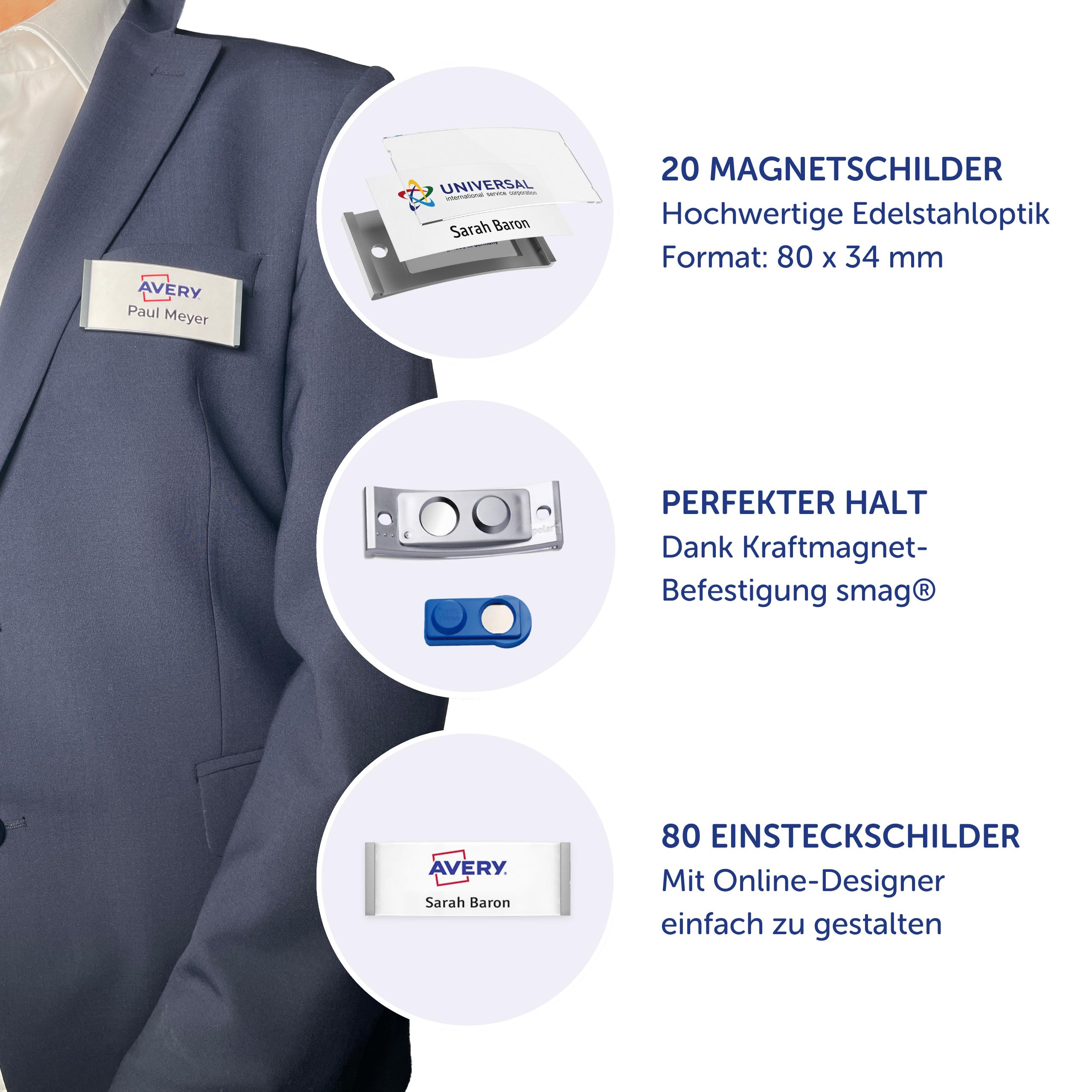 AVERY Zweckform polar35 Namensschilder 20 Stück (80x34mm, 20 Schilder mit Magnet, verdrehsicher, mit blanko Einsteckschildern zum Bedrucken, magnetische Namensschilder für Kleidung) edelstahl matt