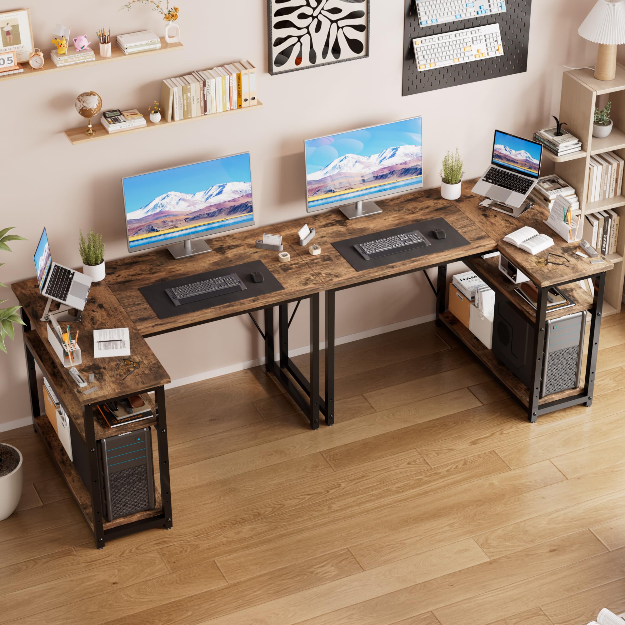 JUMMICO Bureau d'angle en L 100 x80 cm avec Étagères et Séparateurs Marron