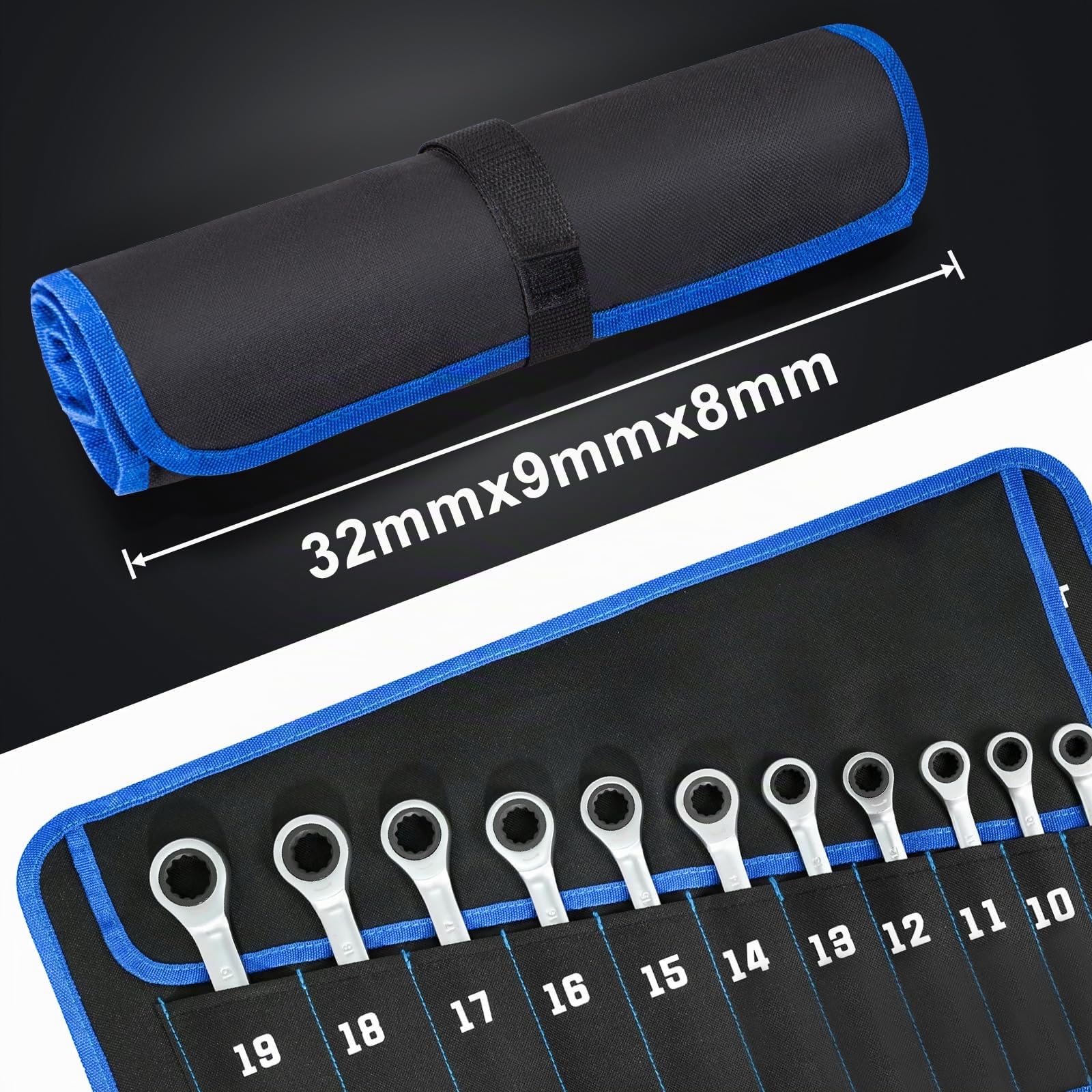 SORAKO Lot de 12 clés mixtes à cliquet à 72 dents - 8 à 19 mm - Jeu de clés mixtes à tête fixe - Dans un sac en rouleau