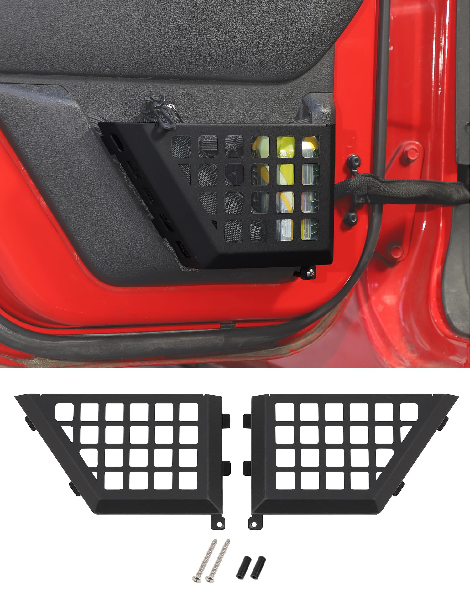 Bolsillos de almacenamiento de metal para puerta trasera de Jeep Wrangler JK JKU de 4 puertas (2011-2017), 2 unidades, organizador de inserción lateral de puerta, bolsillo de red de repuesto para Jeep Wrangler JK, accesorios de expansión de almacenamiento interior de puerta.