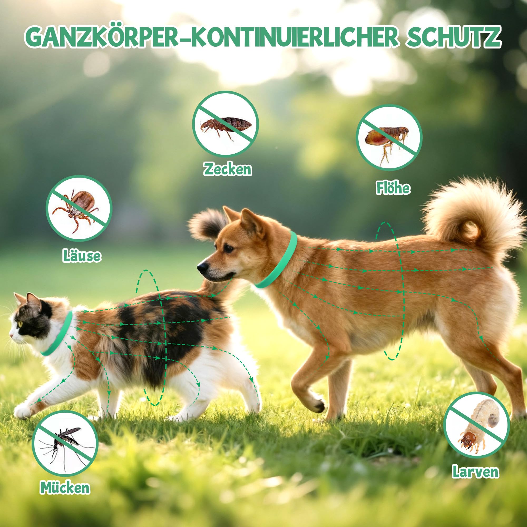 2 Pcs Floh Zeckenhalsband für Katzen & Hunde | Bis zu 16 Monate Langzeitschutz | Natürlicher Floh- und Zeckenschutz | Wasserdichter Verstellbares (Grün, Universal)