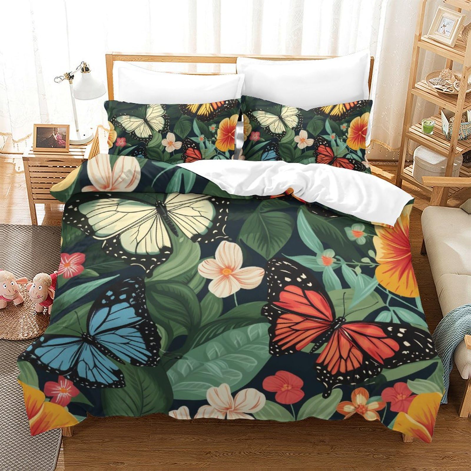 Parure de couette papillons 3D 220x240cm en microfibre avec deux taies d'oreiller pour lit King