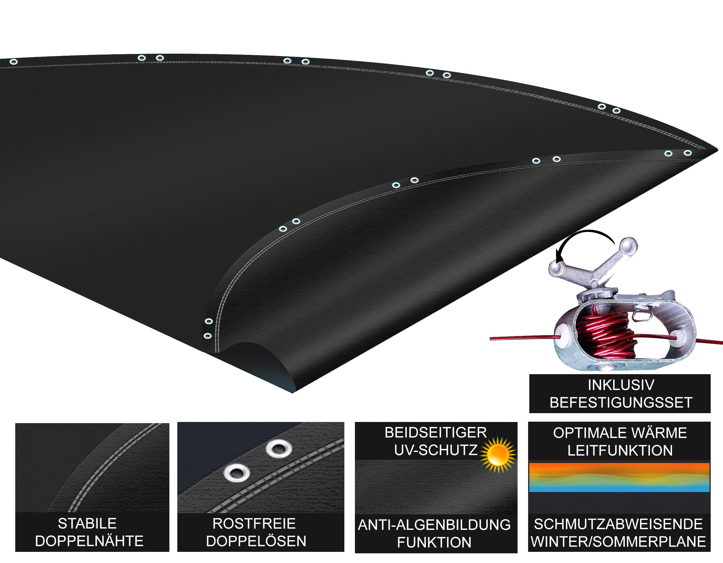 QUICK STAR Solarplane Pool Ø 830cm Rund für Pools bis 750 cm Winterabdeckplane Poolabdeckung 200g/m² Schwarz
