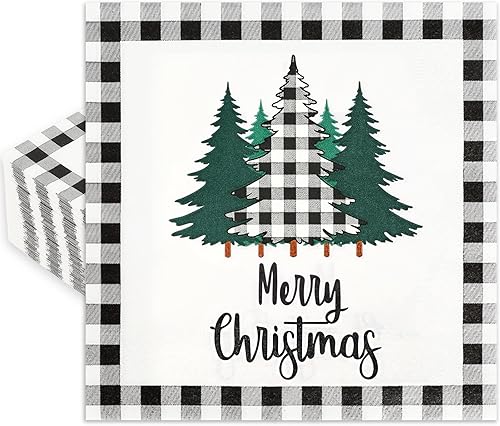 Whaline Paquete de 80 servilletas de Navidad de papel con diseño de árbol de Navidad, diseño de búfalo blanco y negro, servilletas desechables de