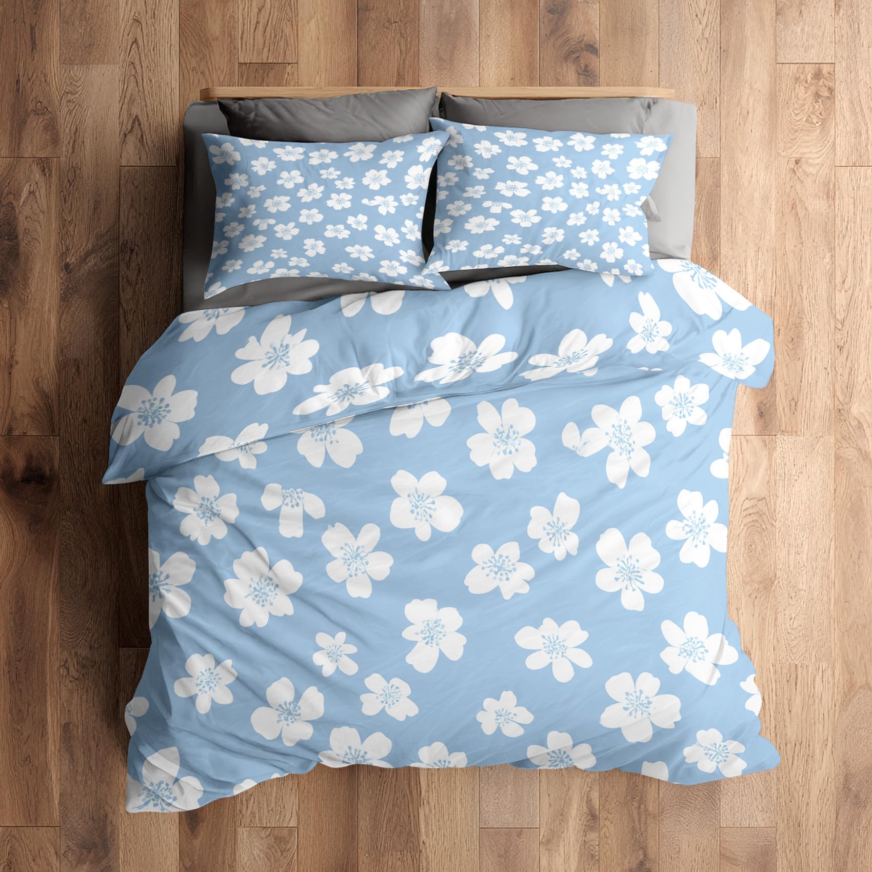 Generisch Bettwäsche 155x220 Blumen Blau Motiv, Schlafzimmer Deko Wendebettwäsche 2tlg, Shabby Chic Blumenmuster Bettbezug & 1 Kissenbezug 80x80, Weiche Mikrofaser, mit Reißverschluss -l494