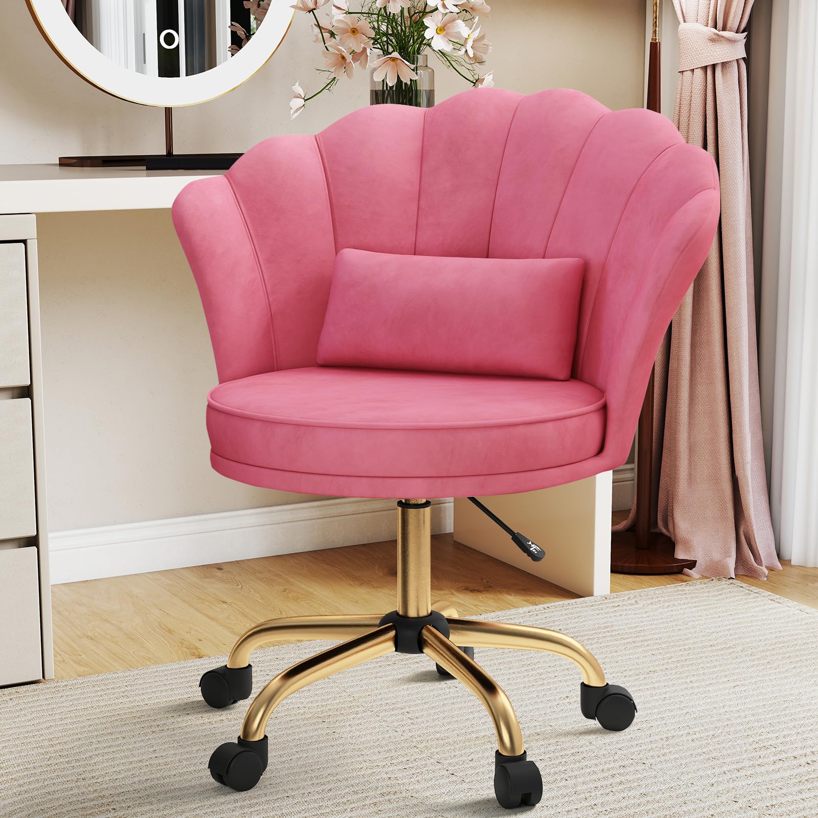 Modern Dressing Table Chair Without Velvet Cushion with Floral Back, Adjustable Height and 360° Swivel, Desk Chair and Makeup Chair Swivel for Bedroom, Dining Room, Pink
