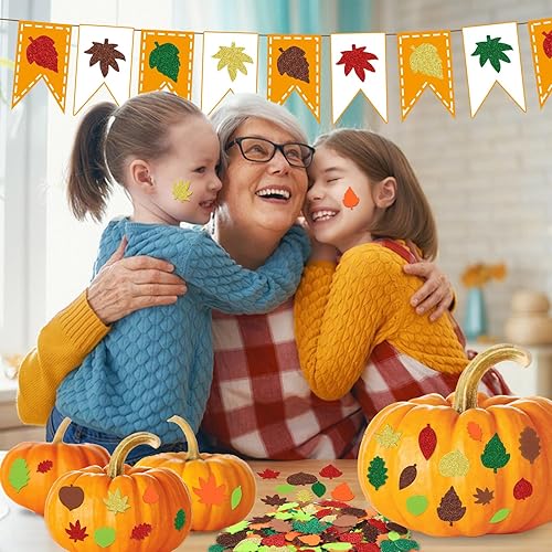 Miniatura 6 de JULBEAR - Adhesivo de espuma de hojas de otoño, 300 unidades de hojas de arce con purpurina de otoño y Acción de Gracias, calcomanías de espuma