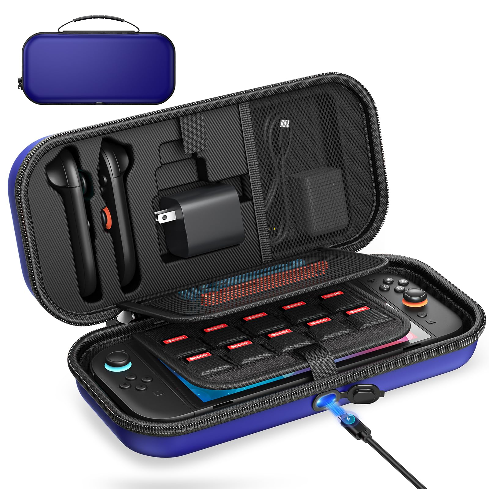 [Ladung Innen] Tasche für Nintendo Switch 2/OLED/Original, Große HarteTasche für Adapter und Joy-pad Aufbewahrung, Reise-Tasche für Switch 2 D S Konsole mit 22 Spielkartenfächern, Blau