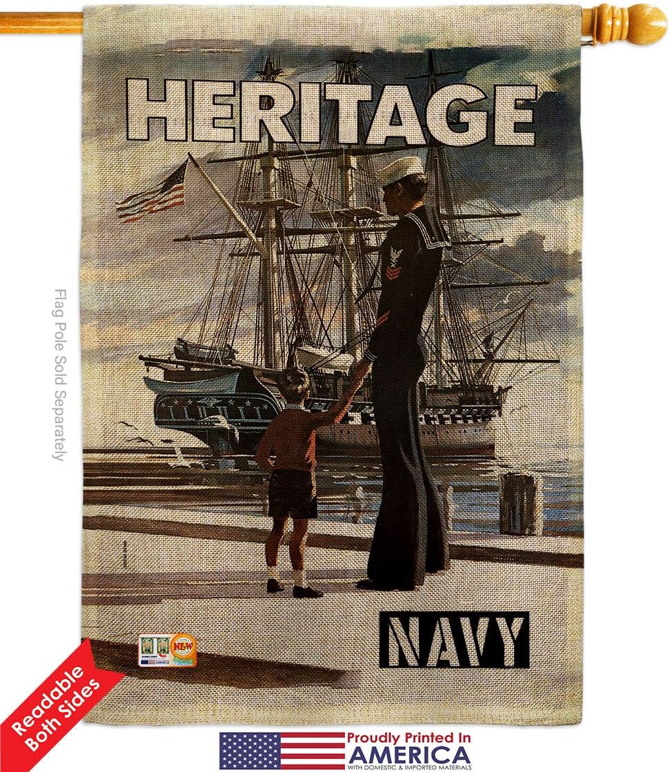 Navy Heritage US Burlap House Flag Dowel Set Armed Forces USN Seabee United State American Military Veteran Retire Small Decorative Gift Yard Banner Double-Sided Made In USA 28 X 40