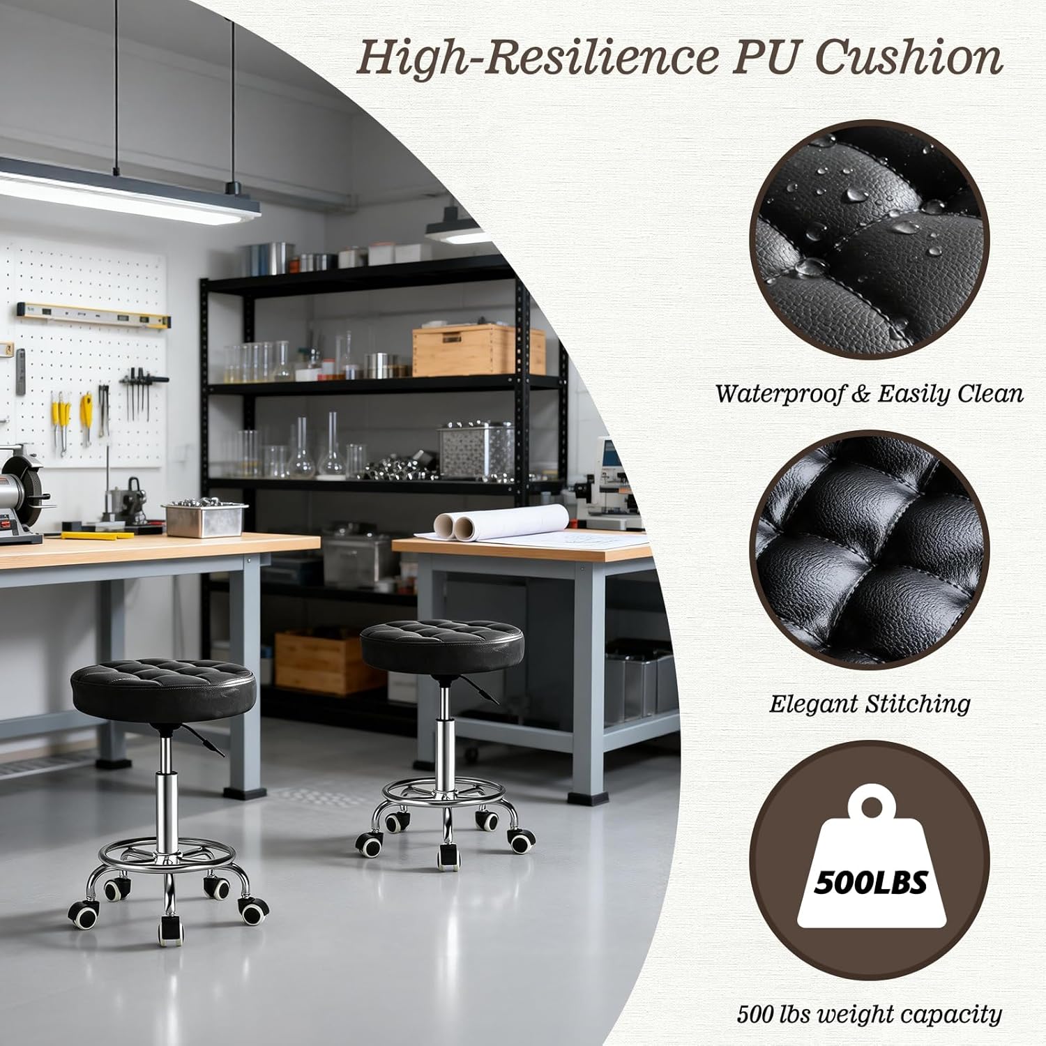 500lb Capacity Rolling Stool with Luxurious Leather Texture Seat, Height-Adjustable Swivel Stool with Wheels & Footrest for Office, Salon, Spa, Drafting (Black)