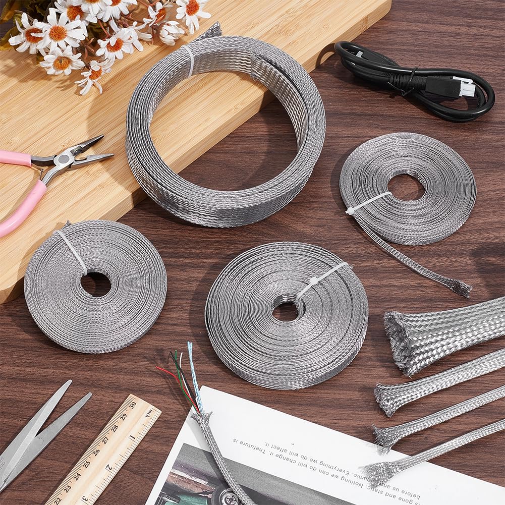 NBEADS 10 m Gaine Tressée en Acier Inoxydable, Gaine de Blindage pour Câble Tresse de Masse Ruban Réseau Extensible de 7-8mm de Large pour la Protection des Câbles