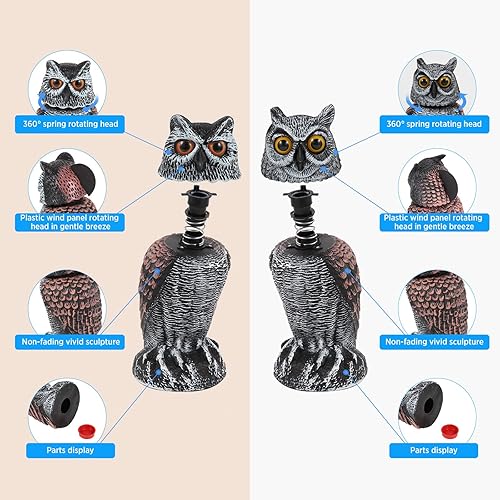 Miniatura 4 de Paquete de 2 señuelos falsos de búho para asustar a las aves lejos de jardines y patios, disuasorios de pájaros de búho de cabeza giratoria,