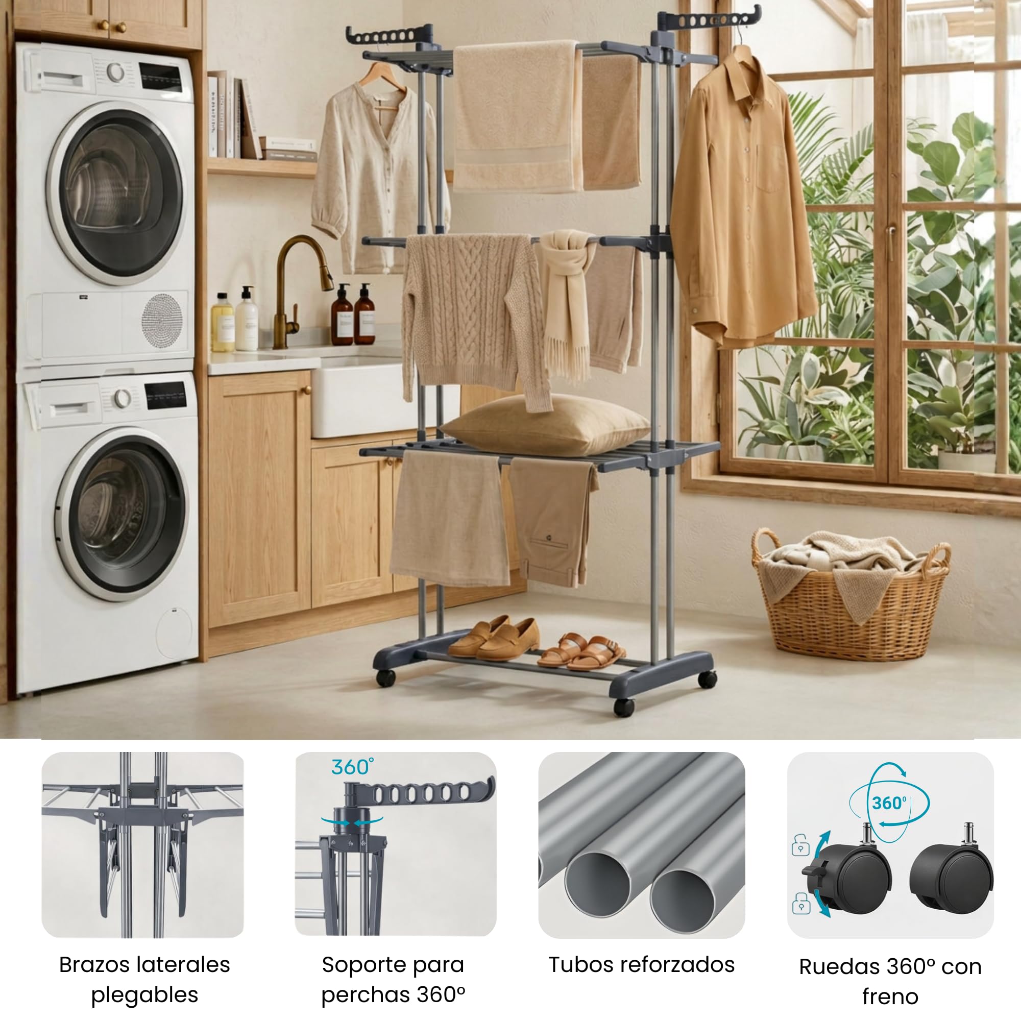 edihome, Tendedero Vertical, Plegable, 4 Niveles con Alas Laterales, Acero Inoxidable, 35 kg Capacidad, con Ruedas, Ahorra Espacio, Interior y Exterior (Gris)