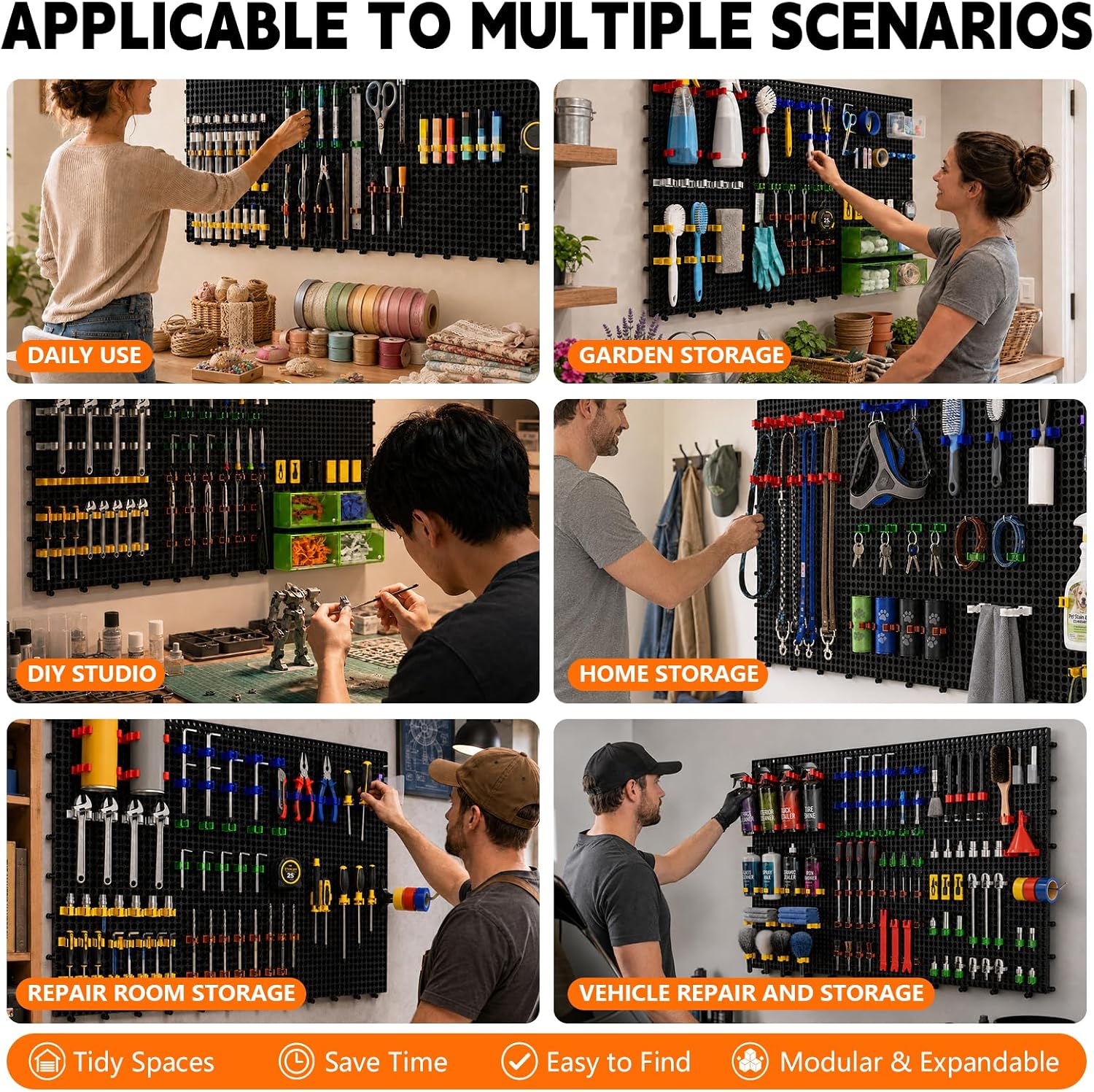 Plastic Pegboard Wall Organizer Kit, 4 Black Panels 32" x 12", 56 Accessories with Hooks, Clips & Holders, Modular Tool Storage Board for Garage, Workbench, Craft Room, Home Repair