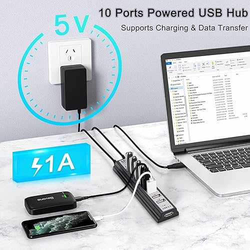 Miniatura 2 de Hub USB 2.0 alimentado, vienon 10 puertos USB Hub USB Extensor Splitter con luz indicadora LED individual para MacBook, PC, portátil, escritorio