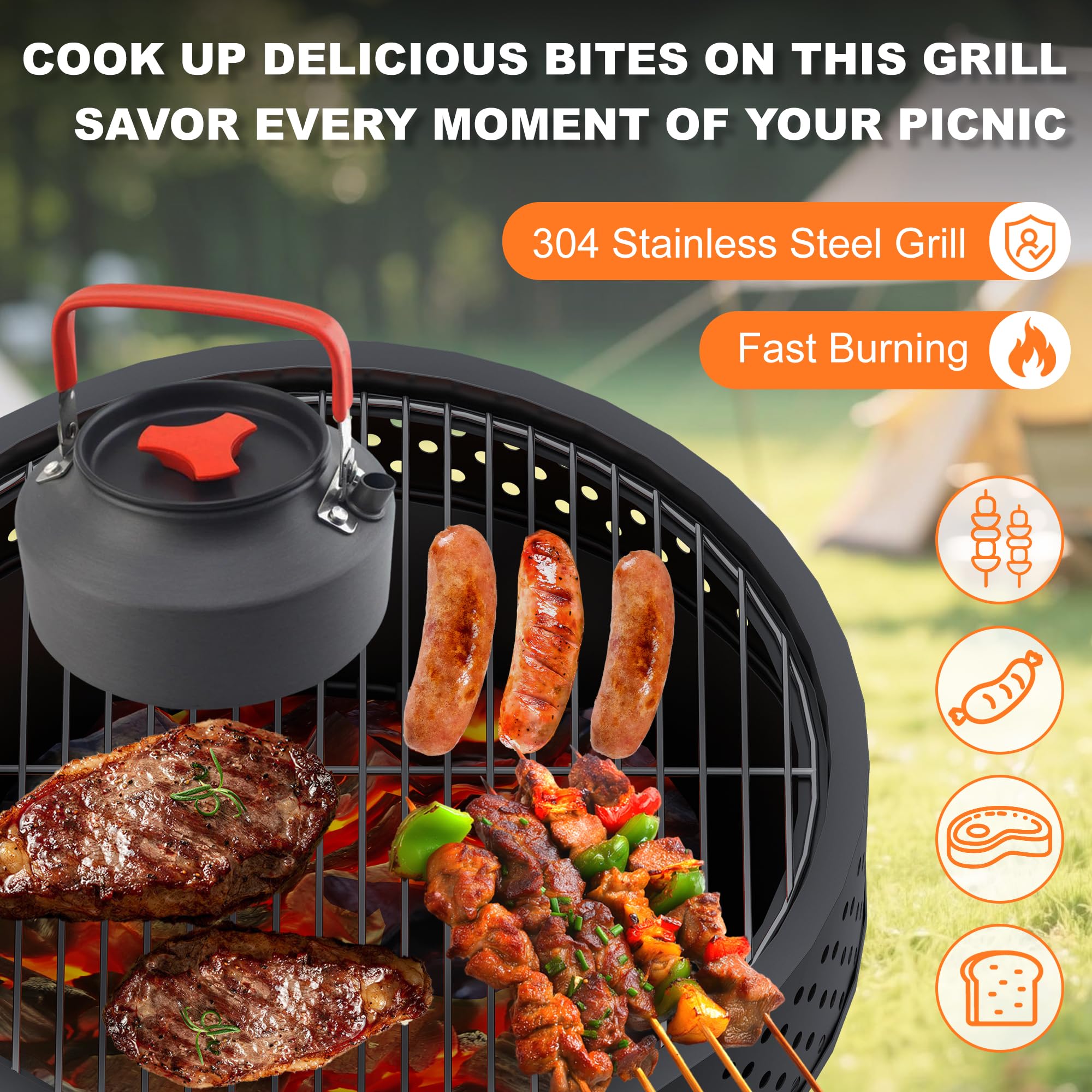 Braciere da Esterno 21 Pollici con Griglia, Braciere da Giardino Versatile Portatile a Legna con Borsa Impermeabile e Attizzatoio, Focolare da Esterno, Falò e Campeggio, Ciotola per Barbecue