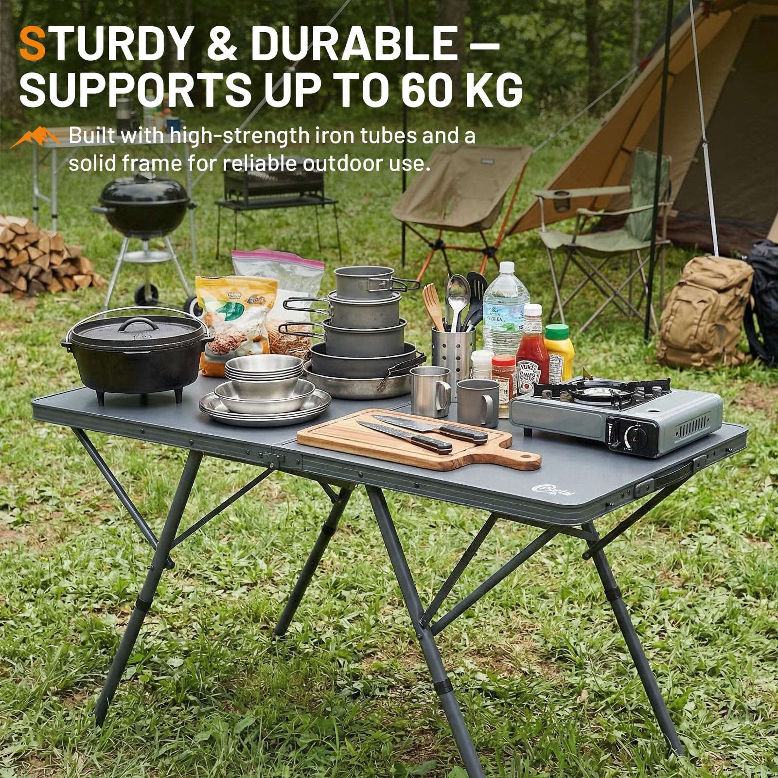 Portal Tavolo da campeggio pieghevole, 120 x 60 cm, extra grande, in alluminio, regolabile in altezza, per 4-6 persone, campeggio, pieghevole, ideale per picnic, giardino, balcone, feste, camper