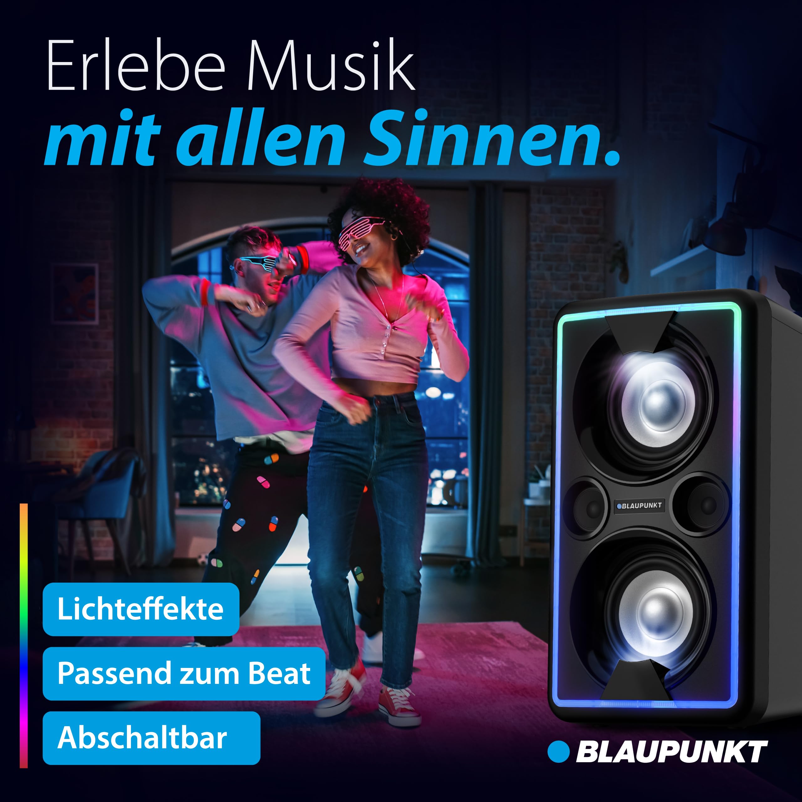BLAUPUNKT PS 2000 Mobile PA Sound Anlage Bluetooth Soundsystem mit Akku, Lichteffekten, Equalizer, Radio, Mikrofon, 2 x 25 Watt RMS
