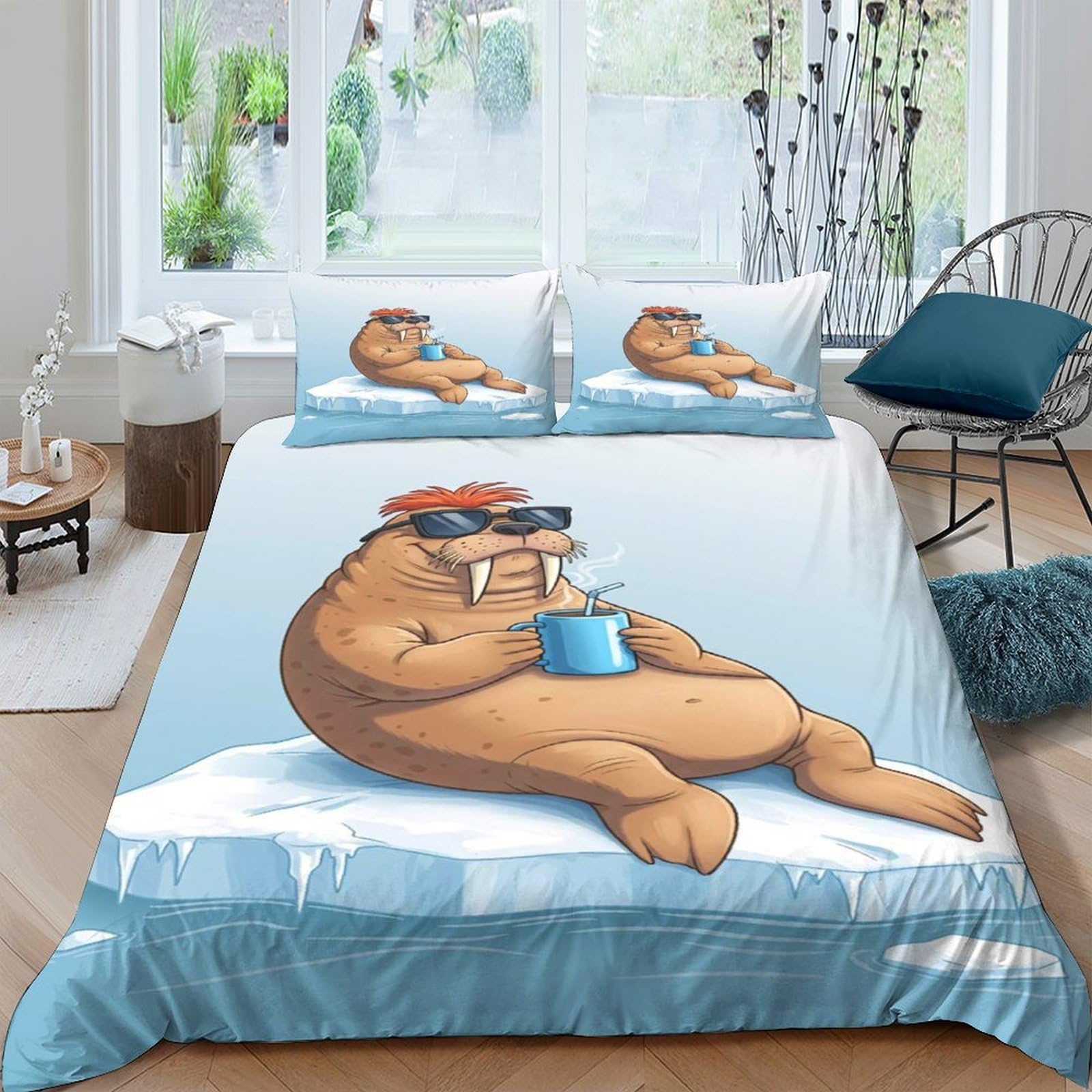 Ctjqhvkz Style-8 3D Printed Walrus Cartoon Fitted Sheet Microfiber Soft Anti-Slip Blue Mattress Cover For Bedroom Dorm Decor Single（135X200cm）