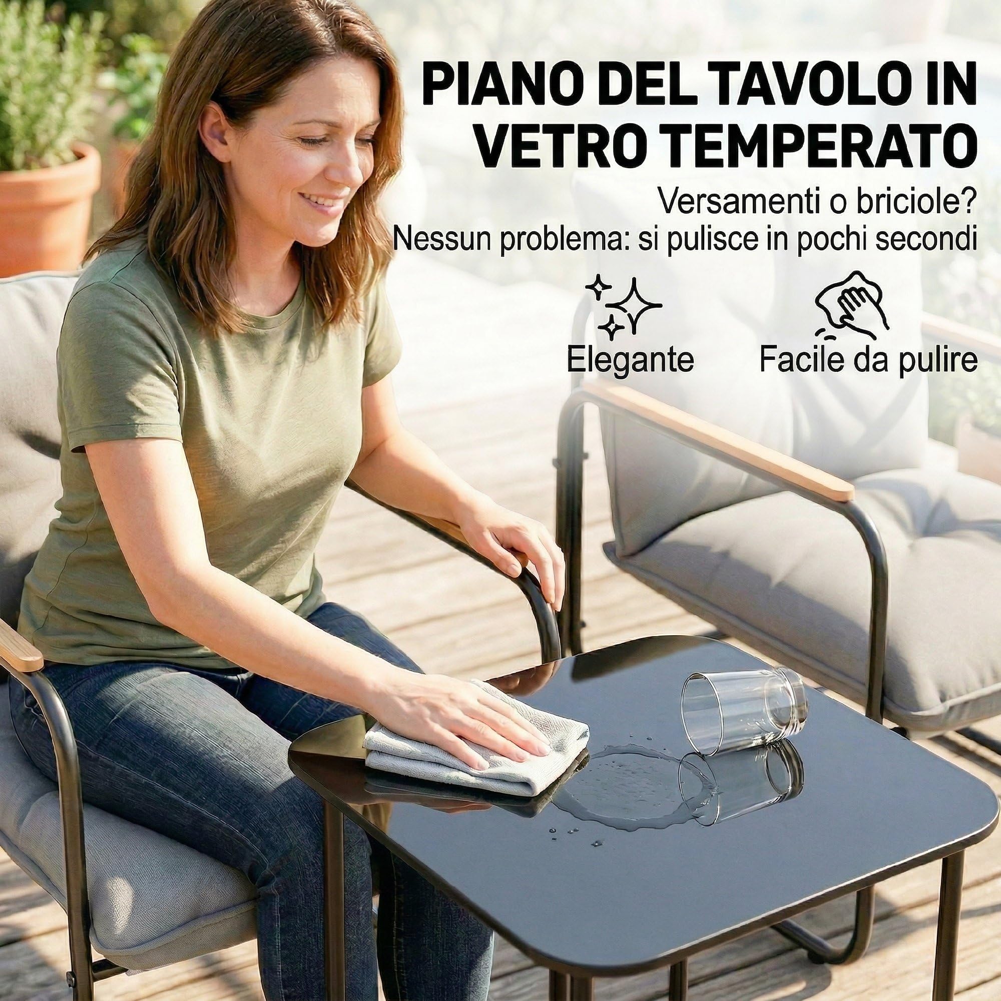 Outsunny Set da Bistrò 3 Pezzi, Set da Giardino in Metallo con 2 Sedie Texteline, Tavolo in Vetro, Cuscini Spessi, Grigio Scuro