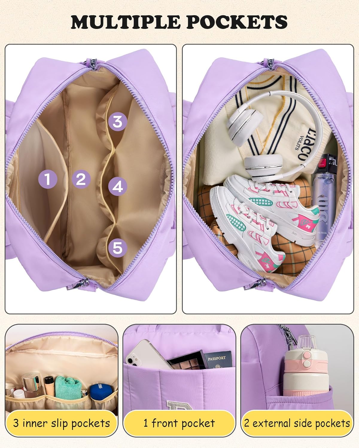 Customizable Gifts-Initial Duffle Bag, Carry On Bags for Women，Overnight Bag with Wet Pocket，Lightweight Travel Bags Personalized Gym Tote with Makeup Pouch Purple K image 4 of 7 B0DQ6W7VFL