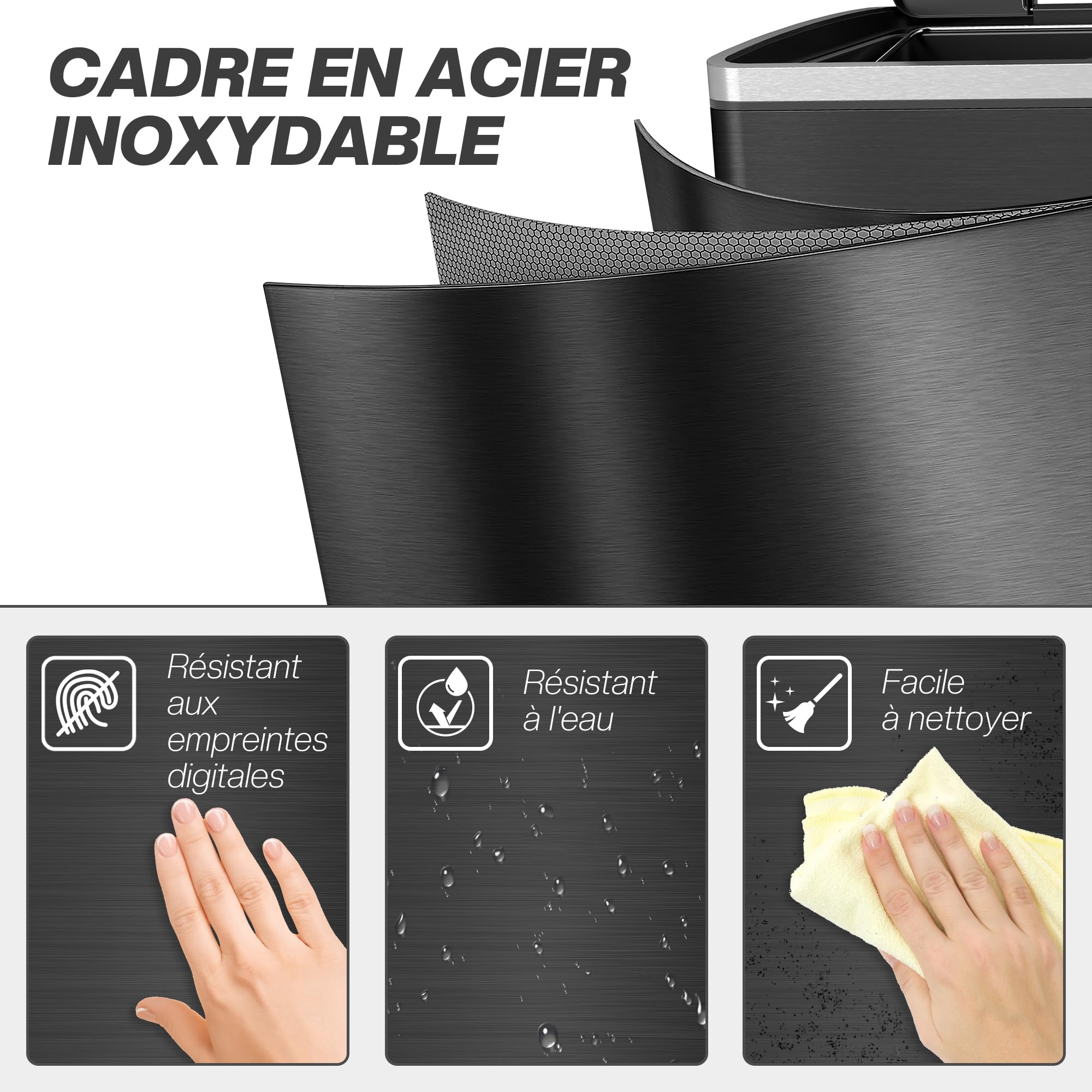 HOMCOM Poubelle de Cuisine à Pédale Double Compartiment 2 x 20L Noir | 2 Seaux Intérieurs Amovibles, Couvercle à Fermeture en Douceur et Poignées Intégrées, Anti-traces, Acier Inoxydable