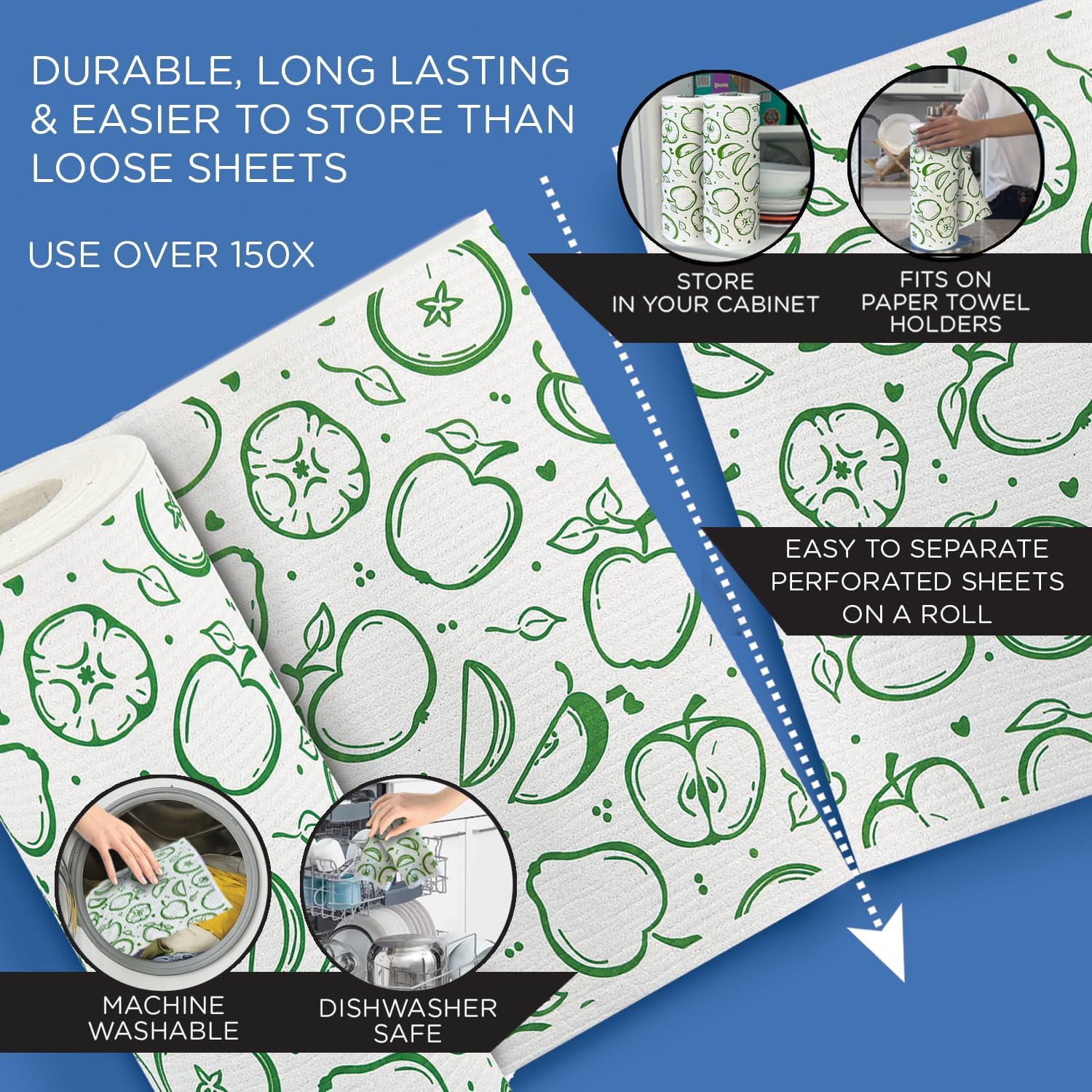 LOLA Swedish Dishcloths XL on a Roll, 30 Sheets, Fruit Pattern, Perforated Tear-Off 11" x 10" Sheets w/Hook, Reusable Absorbent Unpaper Towels Cellulose Sponge Cloth Biodegradable Made in Germany