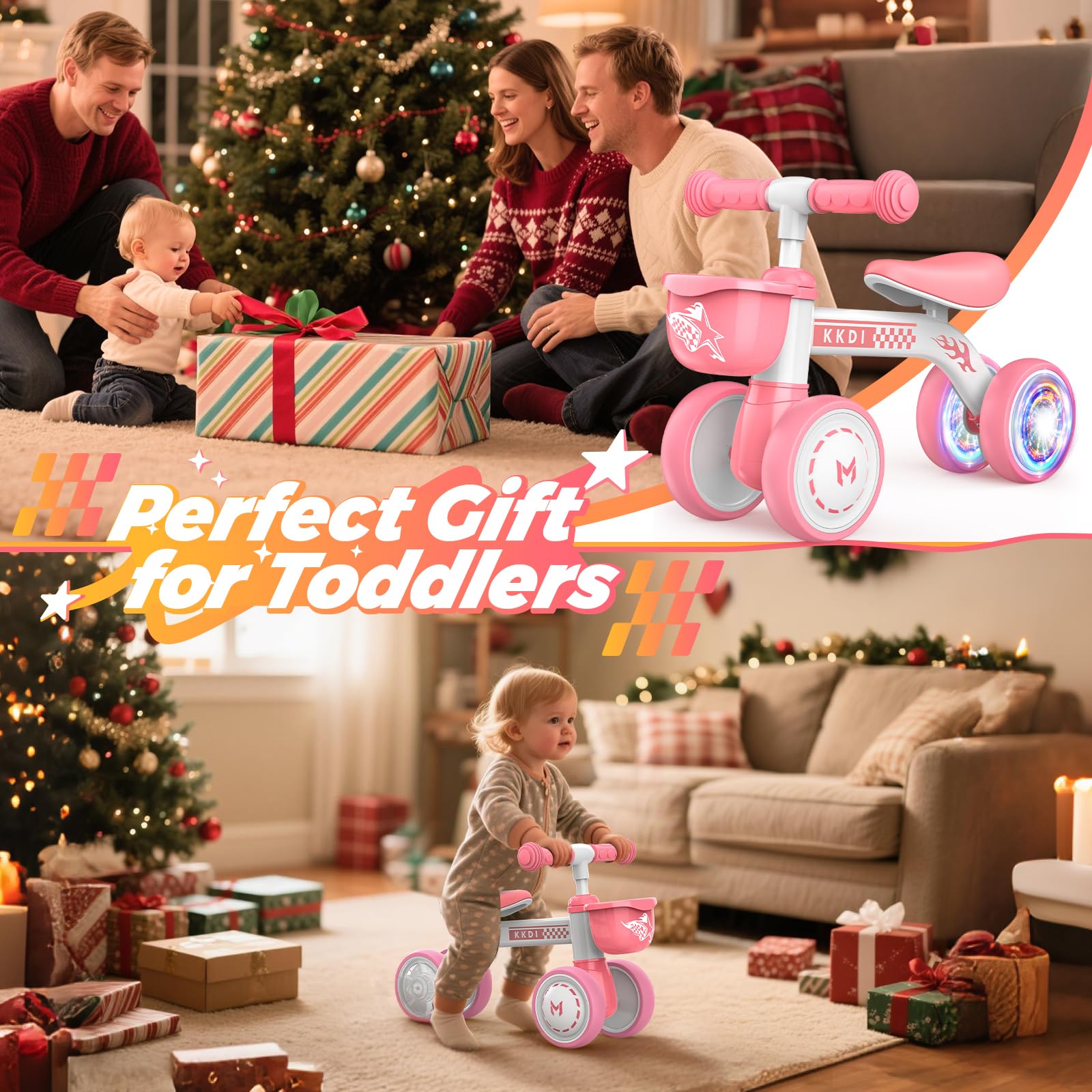 Juguetes de bicicleta de equilibrio para bebés de 1 a 2 años, bicicleta de bebé con iluminación colorida, regalos de Navidad de primer cumpleaños para niñas de 1 a 2 años, 4 ruedas silenciosas, sin 9
