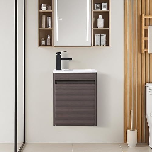Vista 35 de Combo de lavabo de baño de 16 pulgadas para espacio pequeño, juego de gabinete de baño montado en la pared con lavabo de resina blanca, grifo negro