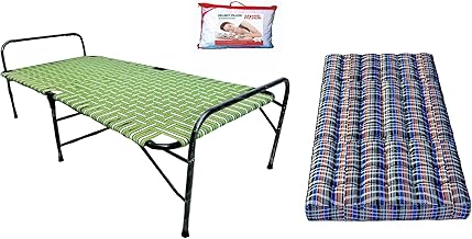 PS PARVESH Smart Metal Stainless Steel Niwar Folding Bed with Mattress and Pillow (Combo) for Home (Size 36X72), Fullxl, Multicolour