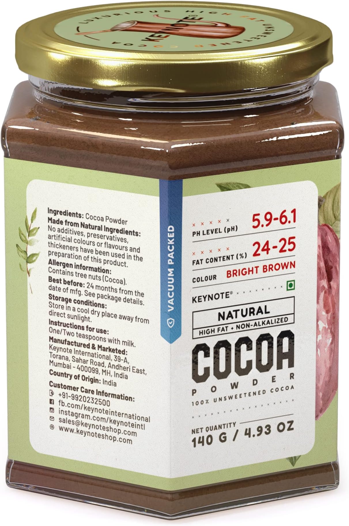 Keynote Cocoa Powder | Raw Flavonoid Rich Non-Alkalized Non-Dutched Natural Unsweetened Cacao | Bean to Powder | Vacuum Packed Glass Jar 140 grams