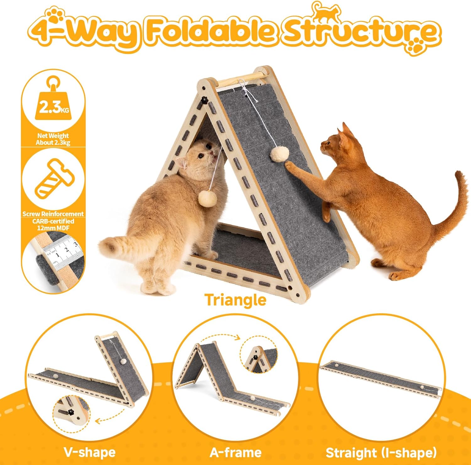 Cat Scratcher with Ball Toy Foldable Cat Scratch Pad Felt Triangle Scratchers for Indoor Cats Large Cat Scratching Board Mat Cats Scratch Furniture Protector Kitten Toys Grey