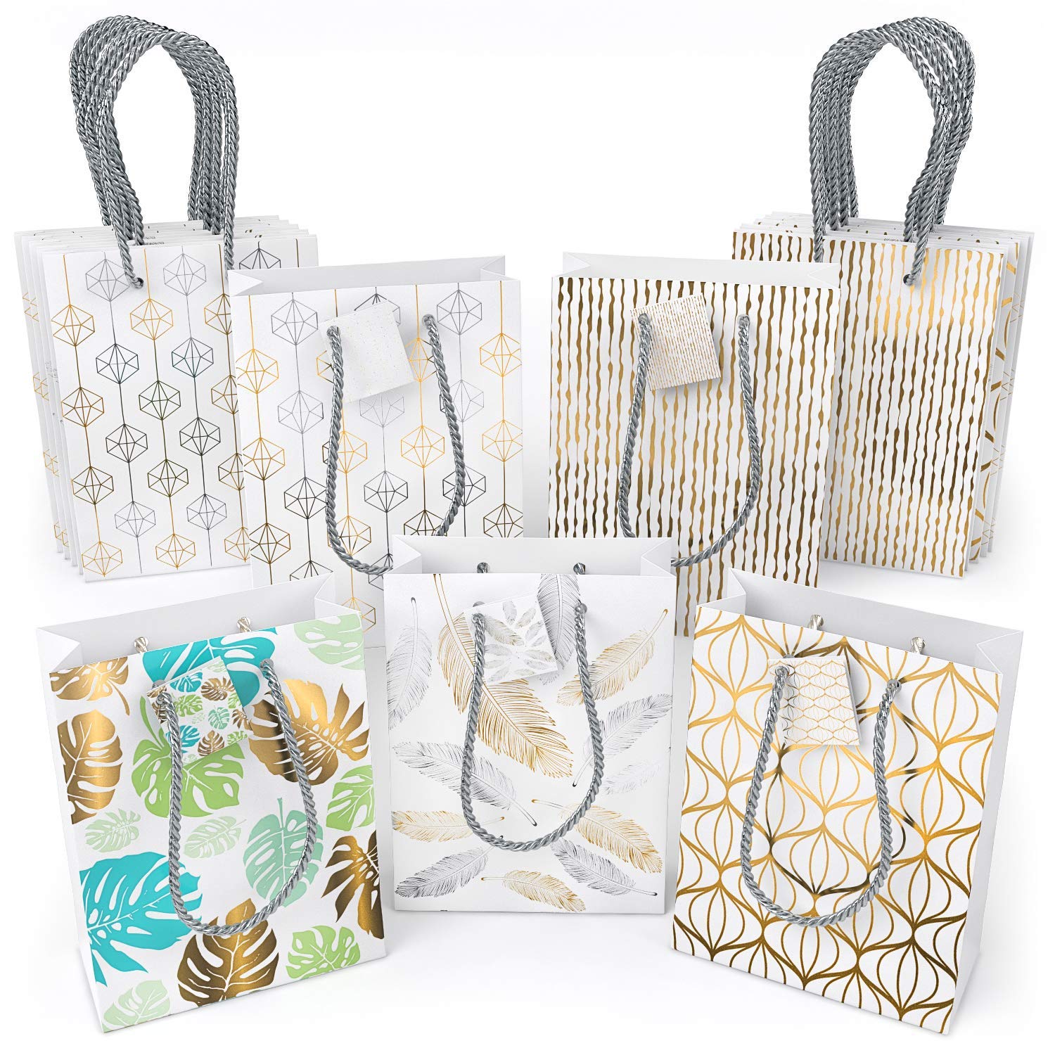 Arteza Borsa Regalo Carta, (24 x 17.8 x 8.6 cm), Set da 15 Sacchetti (5 Diversi Designs su Sfondo Bianco, 3 Pz per Ogni Tipo), Perfette per Ogni Occasione Regalo, Laurea e Diploma, Feste di Compleanno
