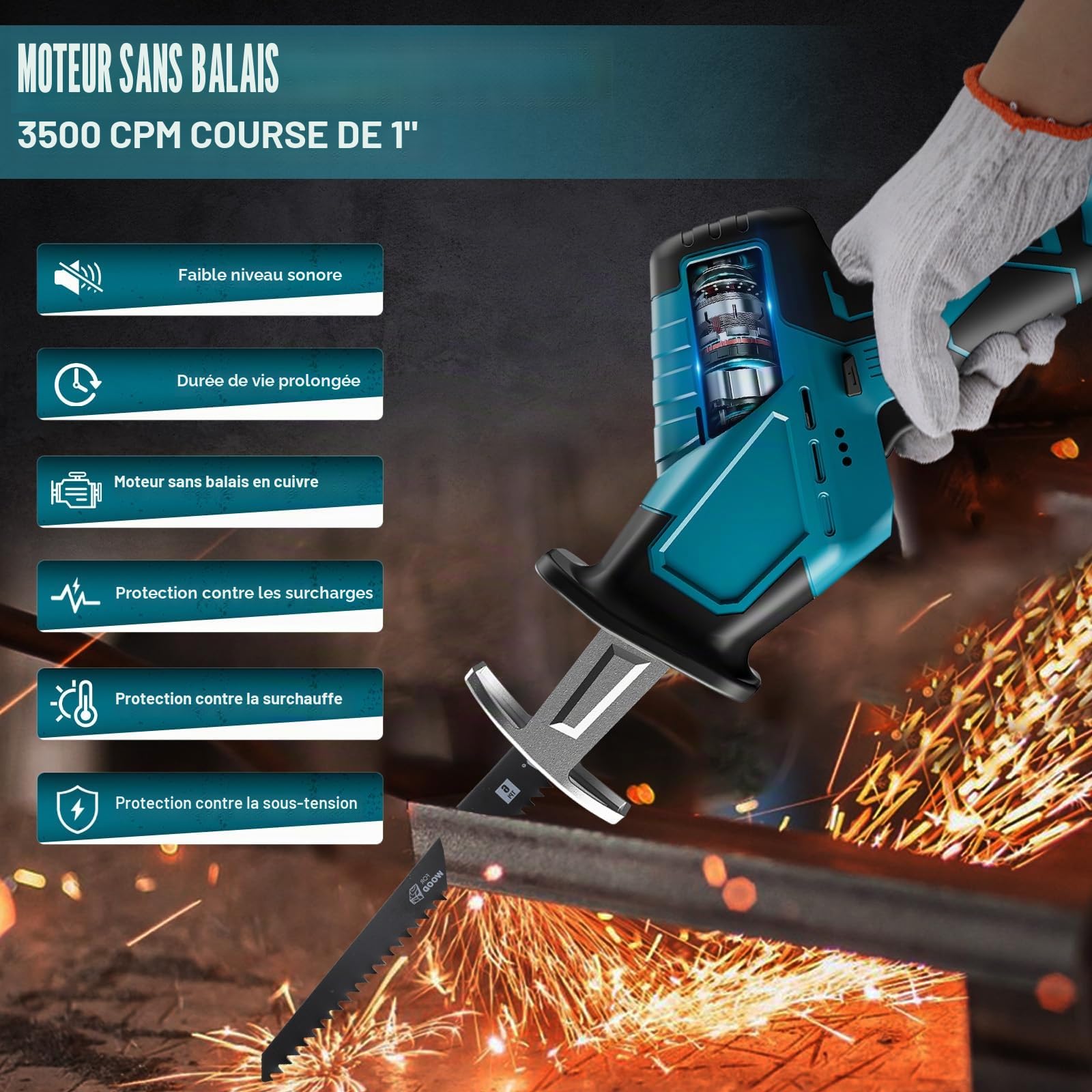 Scie Sabre sans fil compatible avec Makita 18V LXT Batterie, 4 lames de scie, 3500 tr/min (sans batterie)