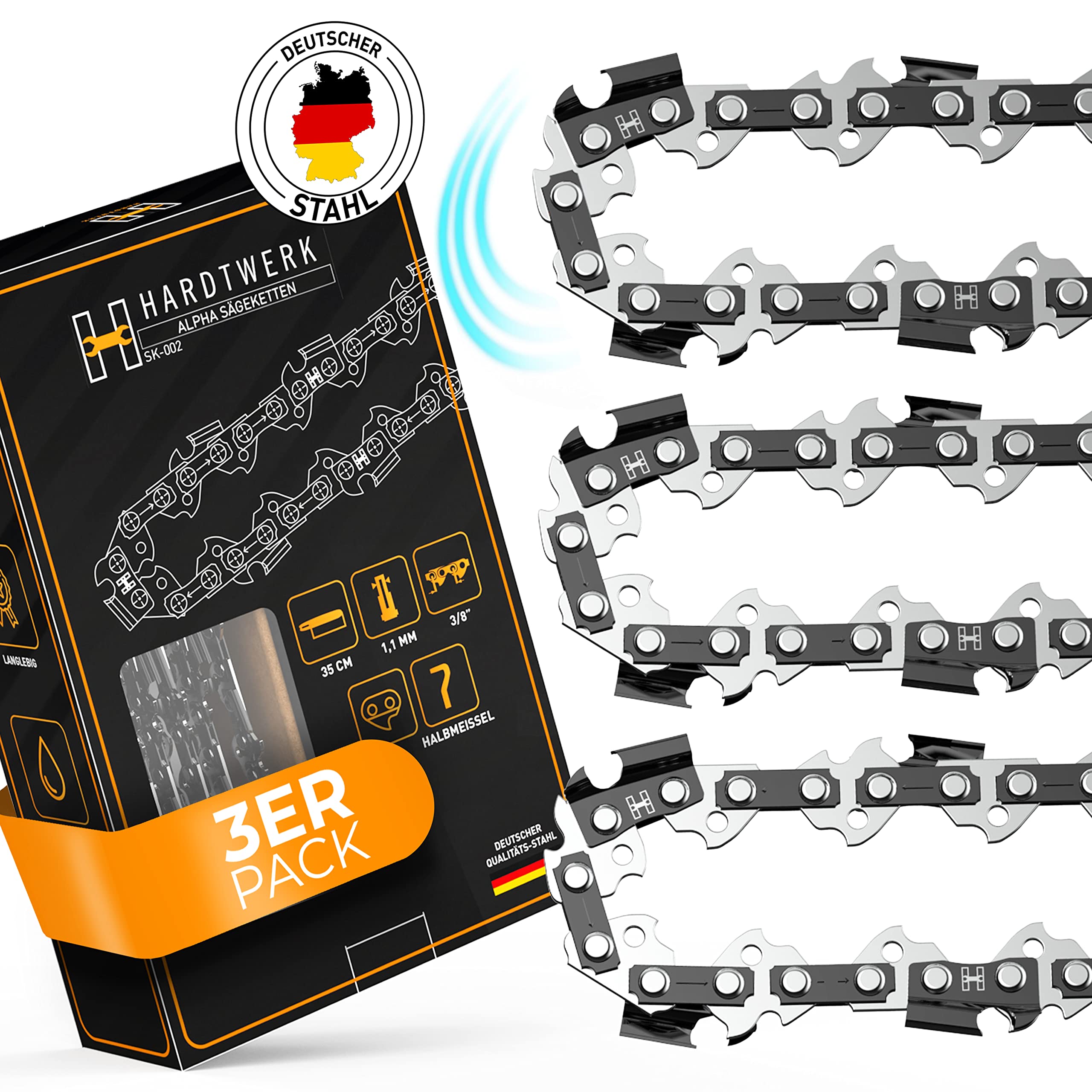 Hardtwerk Sägekette 3/8 1.1 mm für 35 cm Schwert 3er Pack (Kettensäge, Sägekette