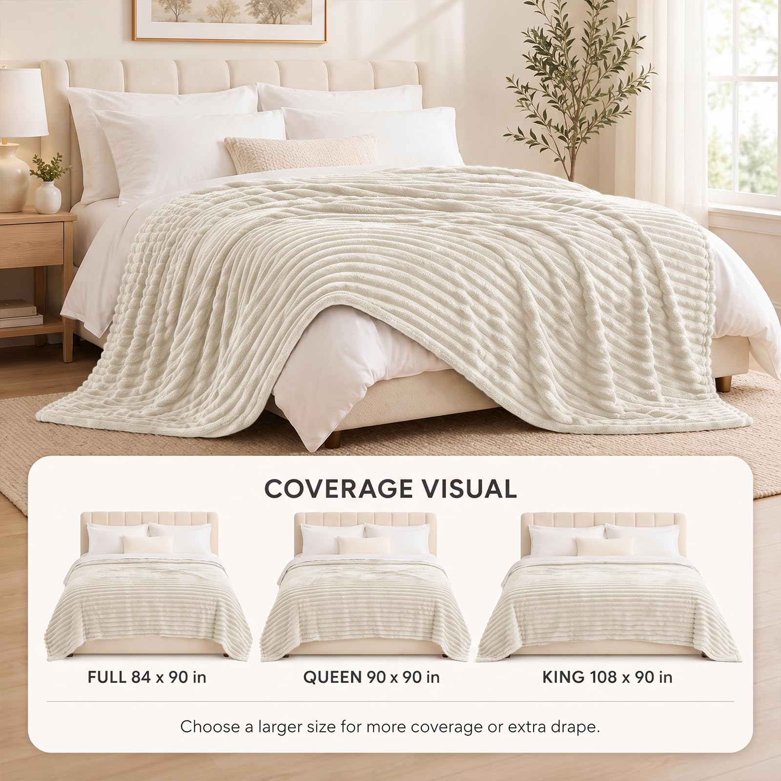 HIMEET Beige King Size Blanket for Bed, 300GSM Ribbed Fleece, 108 x 90 in view 3