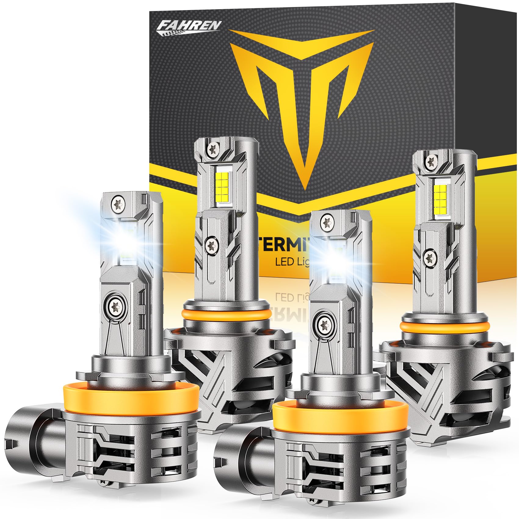 FAHREN H11/H8/H9 9005/HB3 Fog Bulbs Combo, 100000LM 1200% Super Brighter, 1:1 Design Plug N Play High Low Beam, 6500K Cool White, IP68 Waterproof, 80000Hrs Long Life with Cooling Fan, Pack of 4