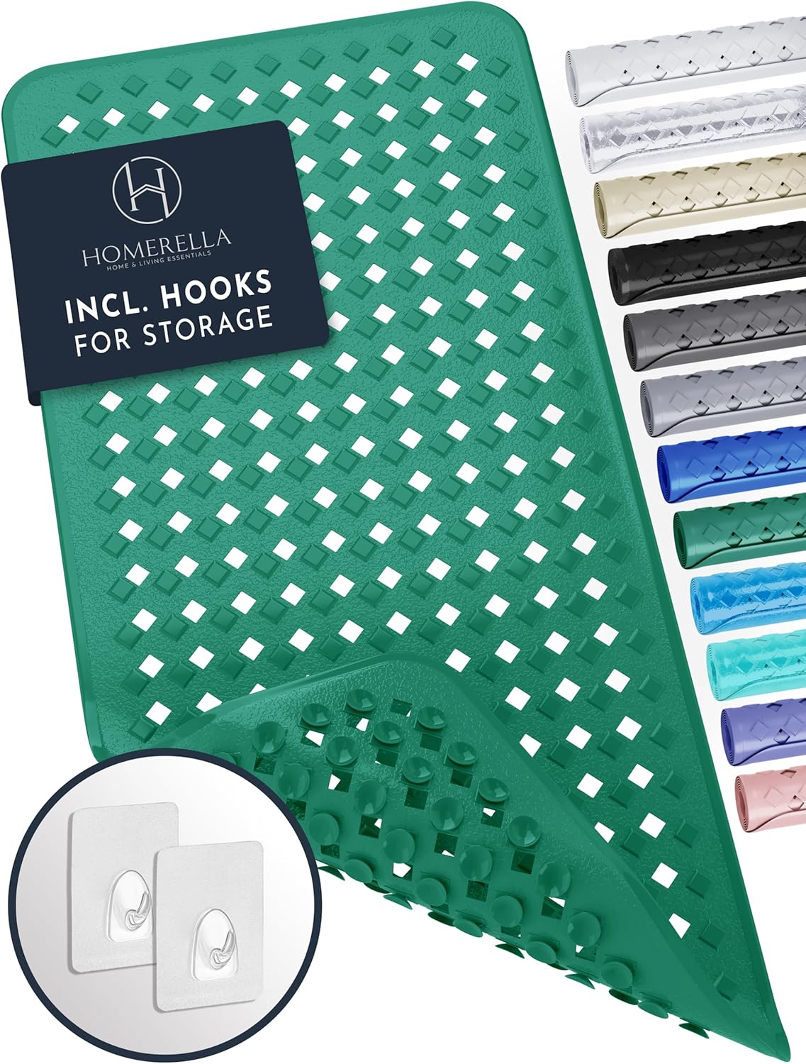 Homerella 1pc 34.5 x 15.5 inches Anti-Slip Bathtub Mat and 1pc 21 x 21 inches Non Slip Shower Mat, Machine Washable, INCL. Hooks for Hanging (Green)