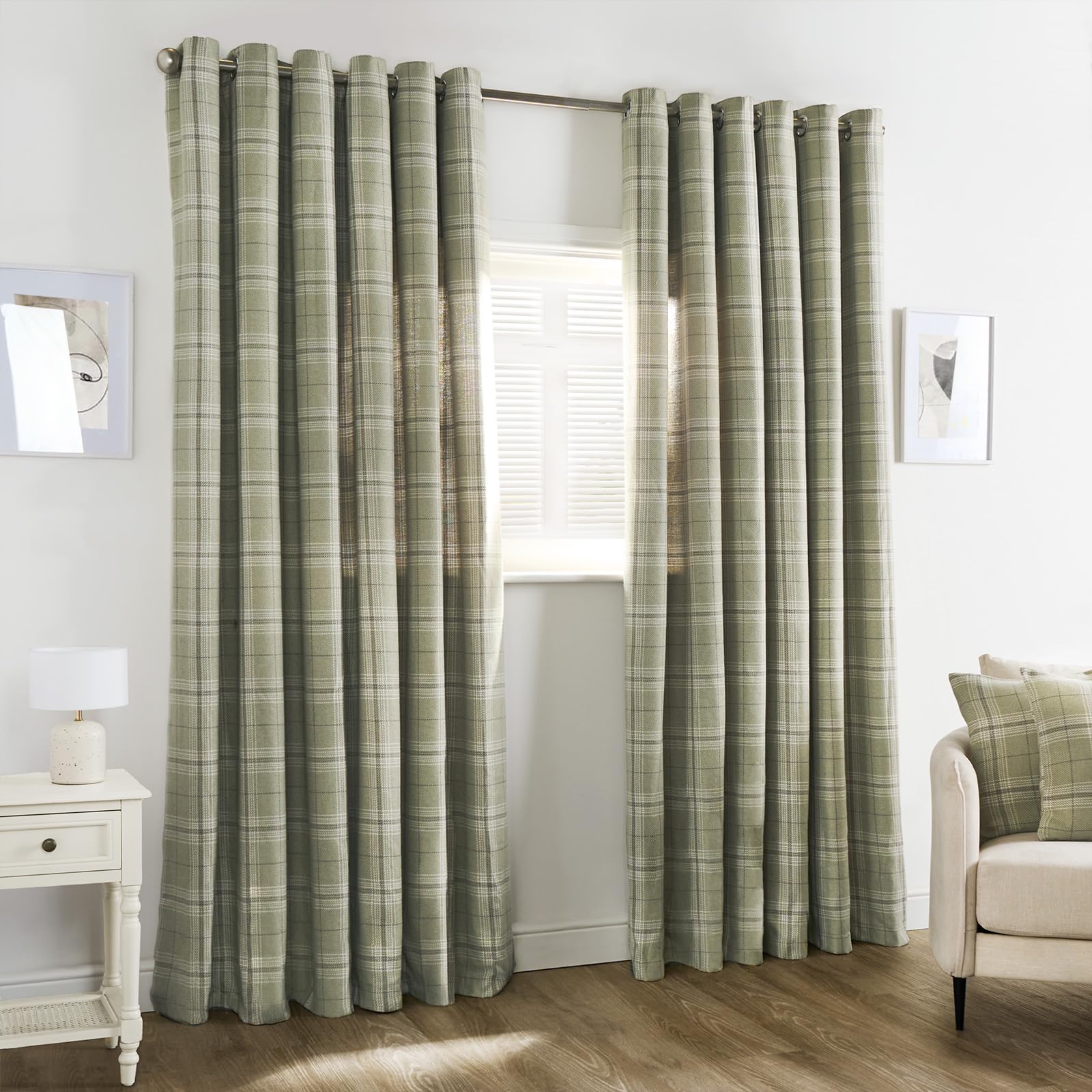 OHS 2 Panel Eyelet Curtains for Living Room Bedroom, Soft Luxury Woven Check Blackout Thermal Curtains Modern Fully Lined Curtain for Window Treatment 90" x 90", Sage Green