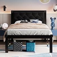Vista 13 de Feonase Marco de cama de metal tamaño doble con cabecera capitoné de cuero sintético con botones, marco de cama tipo plataforma resistente
