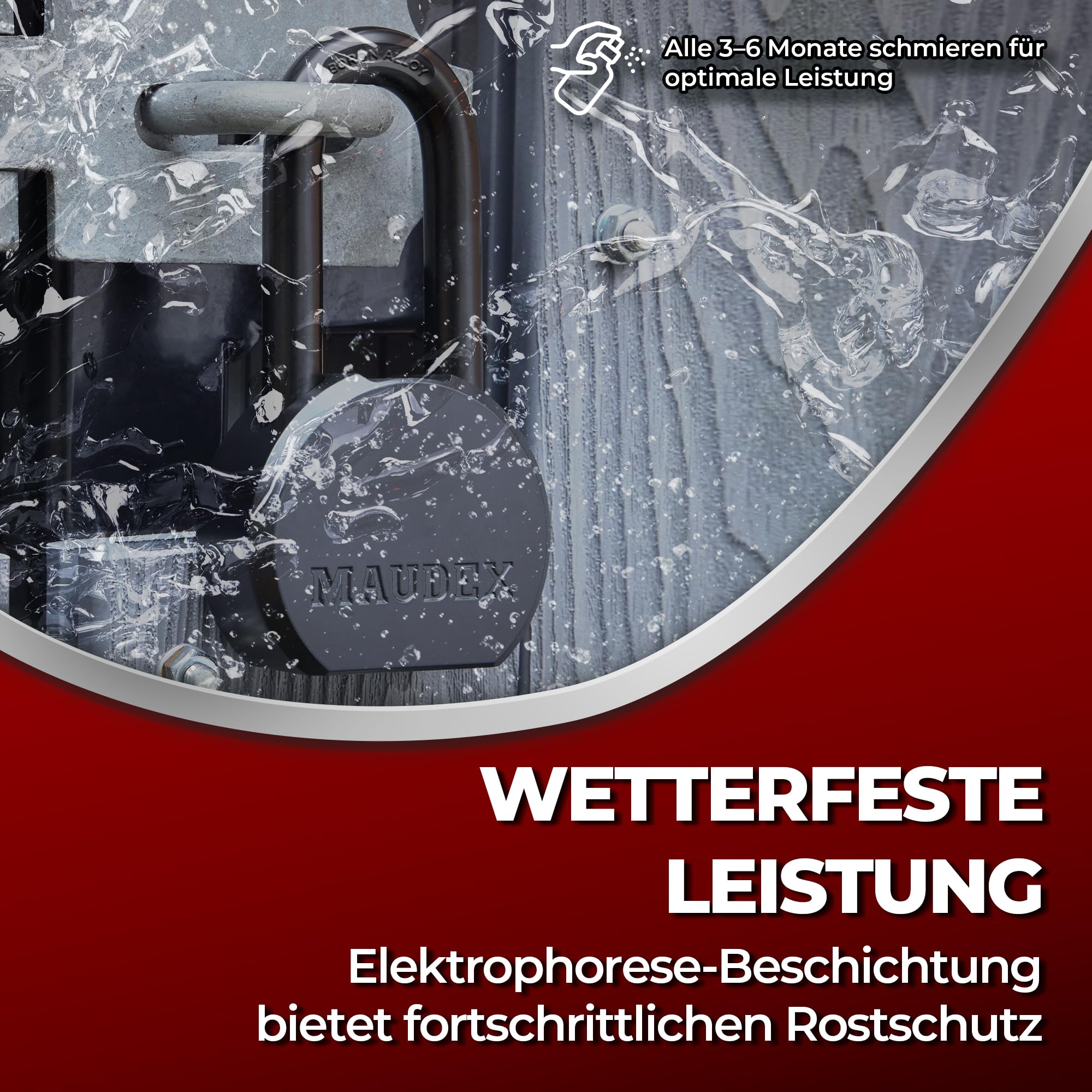 Maudex® PME65 Allwetter-Schutz Schwerlast Vorhängeschloss mit 5 Schlüssel - 12 mm Schnittfester Borlegierung Langer Bügel | Sicherheitsschloss für Schuppen, Tore, Container & Außenlager
