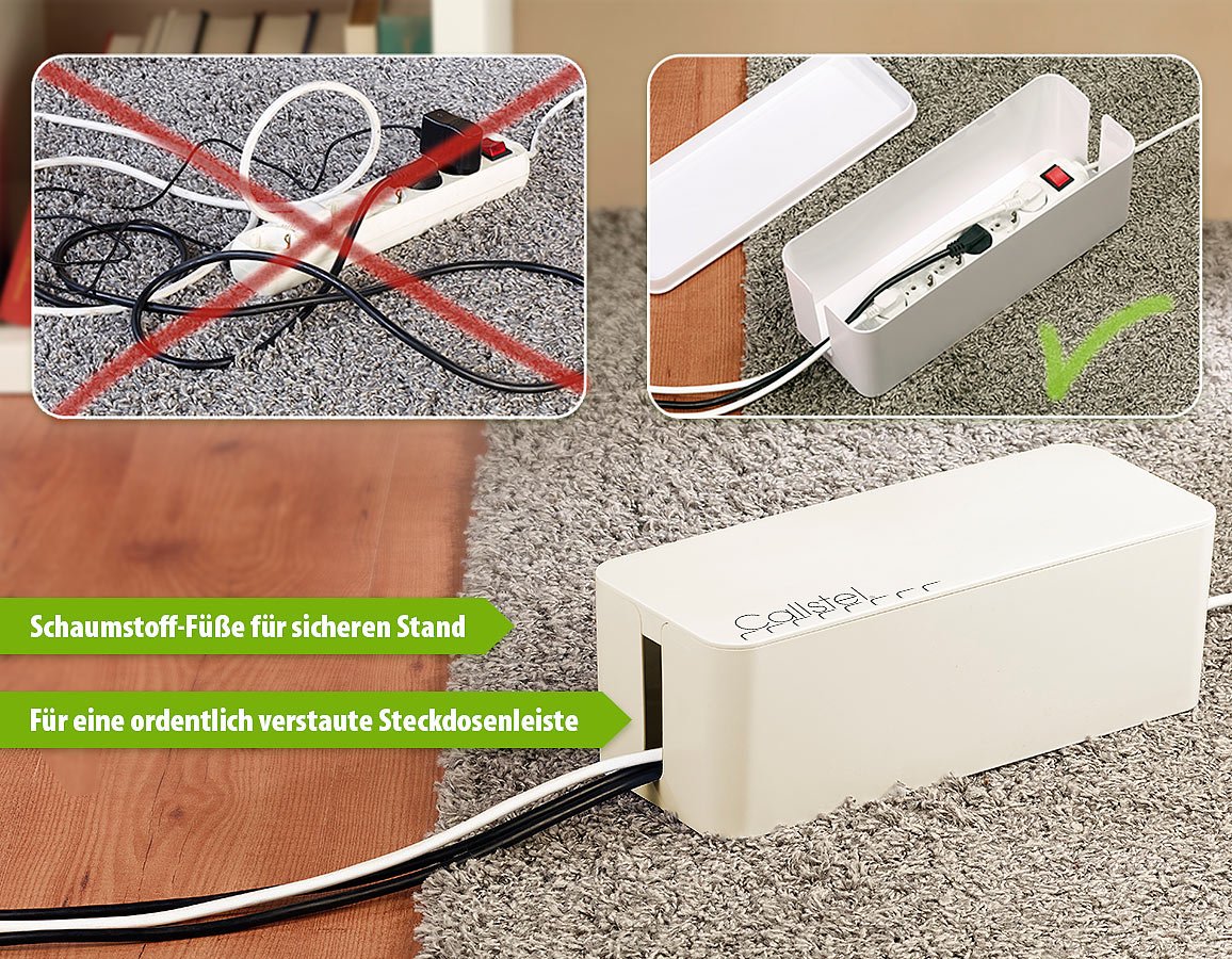 Callstel Stromkabel-Box: 2er-Set Kabelboxen groß, 40,8 x 15,8 x 13,4 cm, weiß (Kabelmanager Kiste, Box für Mehrfachsteckdose, Verlängerungskabel)