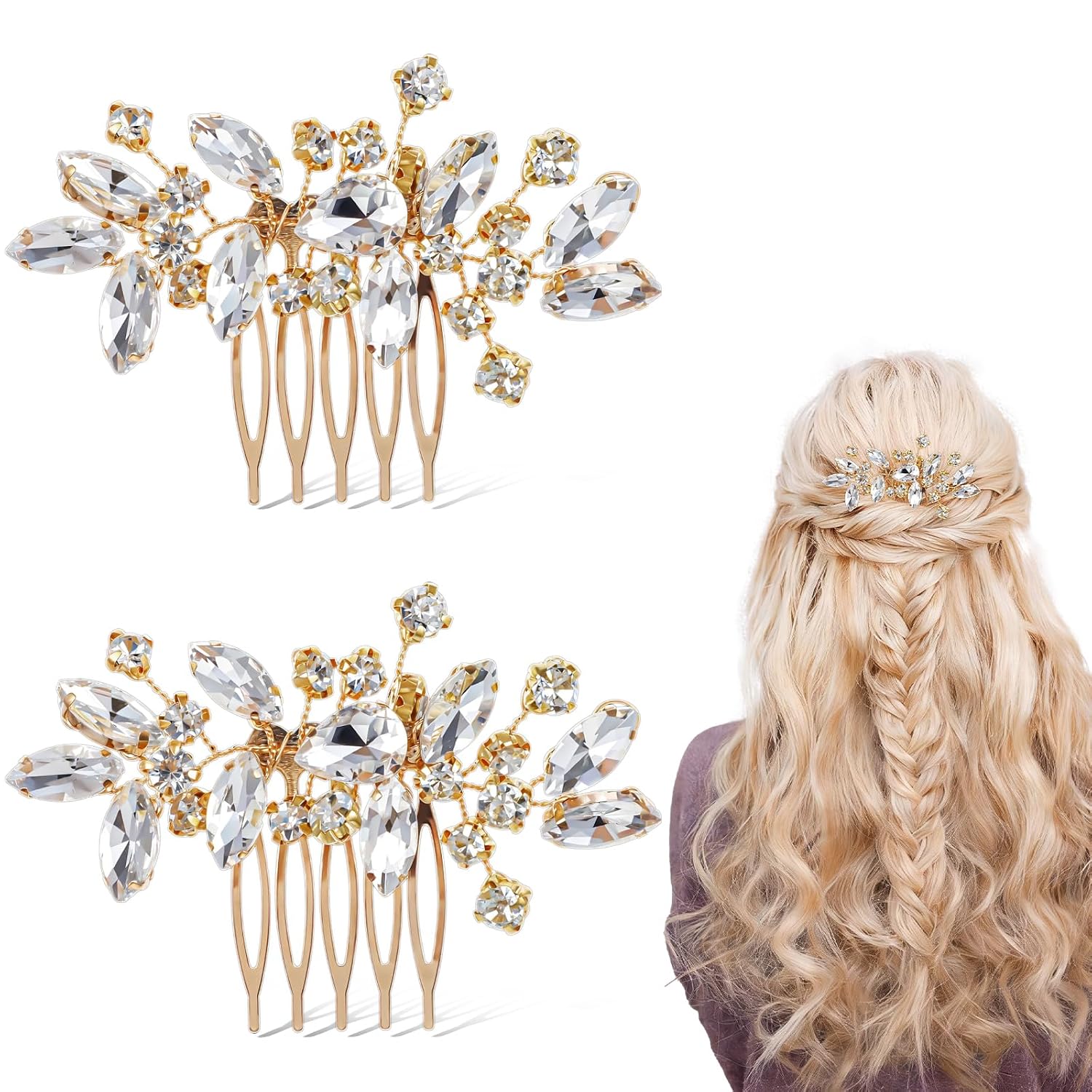 2Pcs Bridal Wedding Hair Comb, Gold Rhinestone Hair Piece, Gold Sparkle Crystal Hairs Accessories for Bride Bridesmaids Women Girls Wedding Party